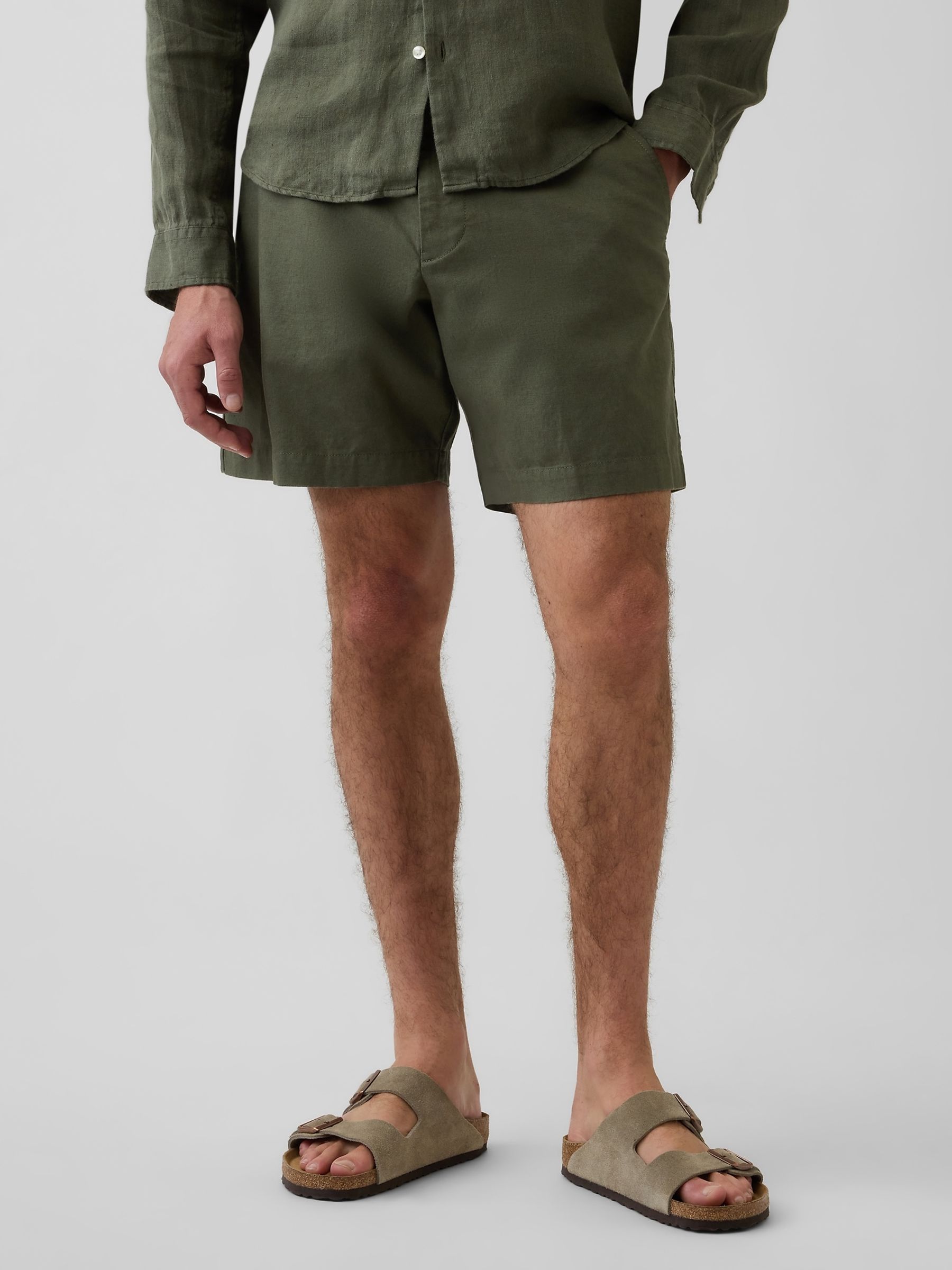 Green 7.5 inch Linen-Cotton Shorts - Image 1 of 5