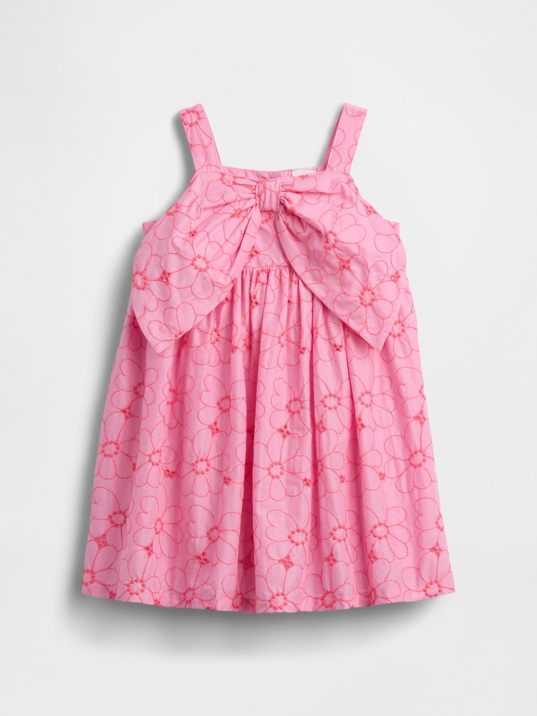 Pink Floral Eyelet Bow Dress - Image 1 of 2 Pink Floral Eyelet Bow Dress - Image 1 of 2