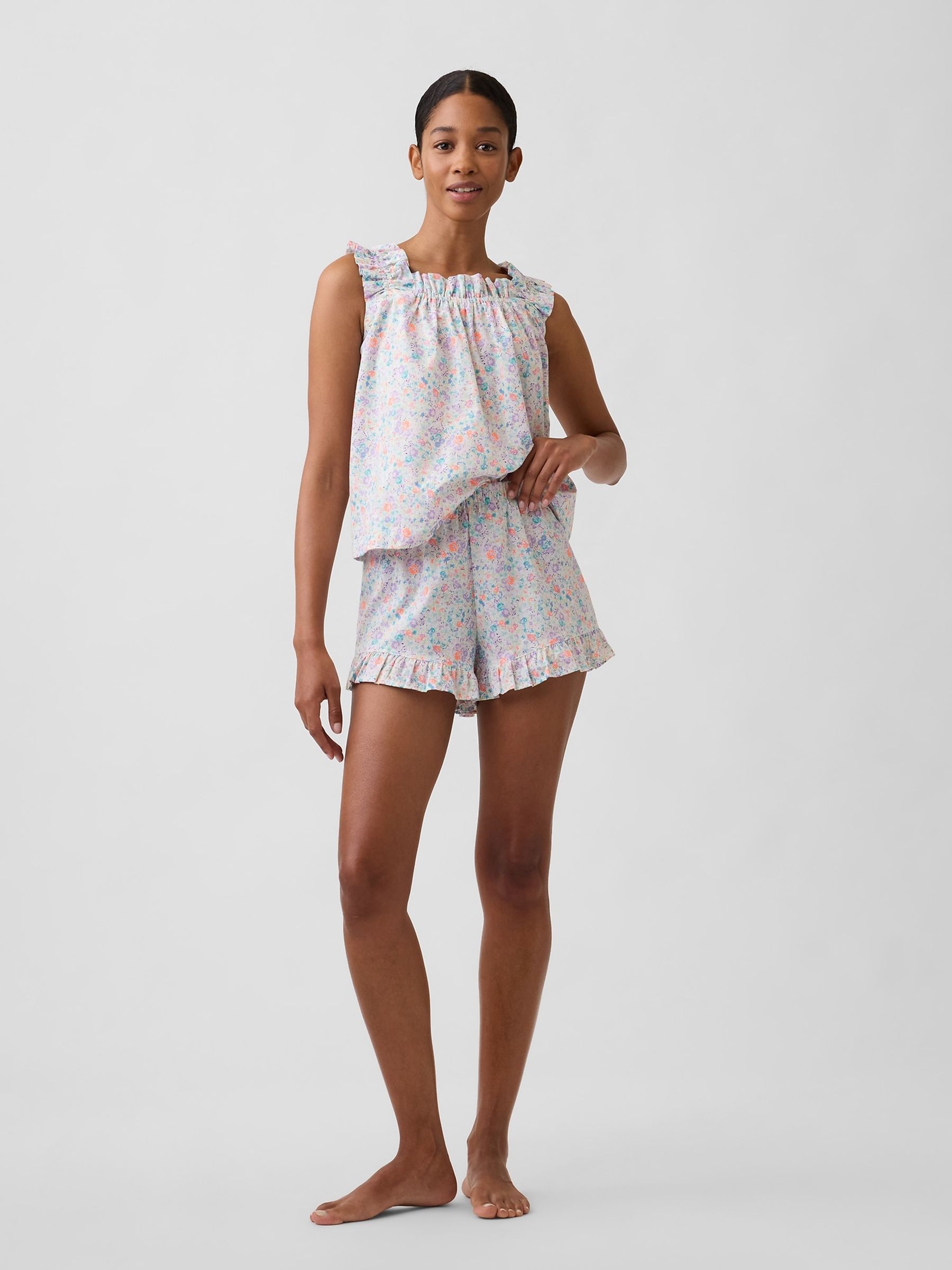 Purple Floral Ruffle Poplin Pyjama Shorts - Image 1 of 8