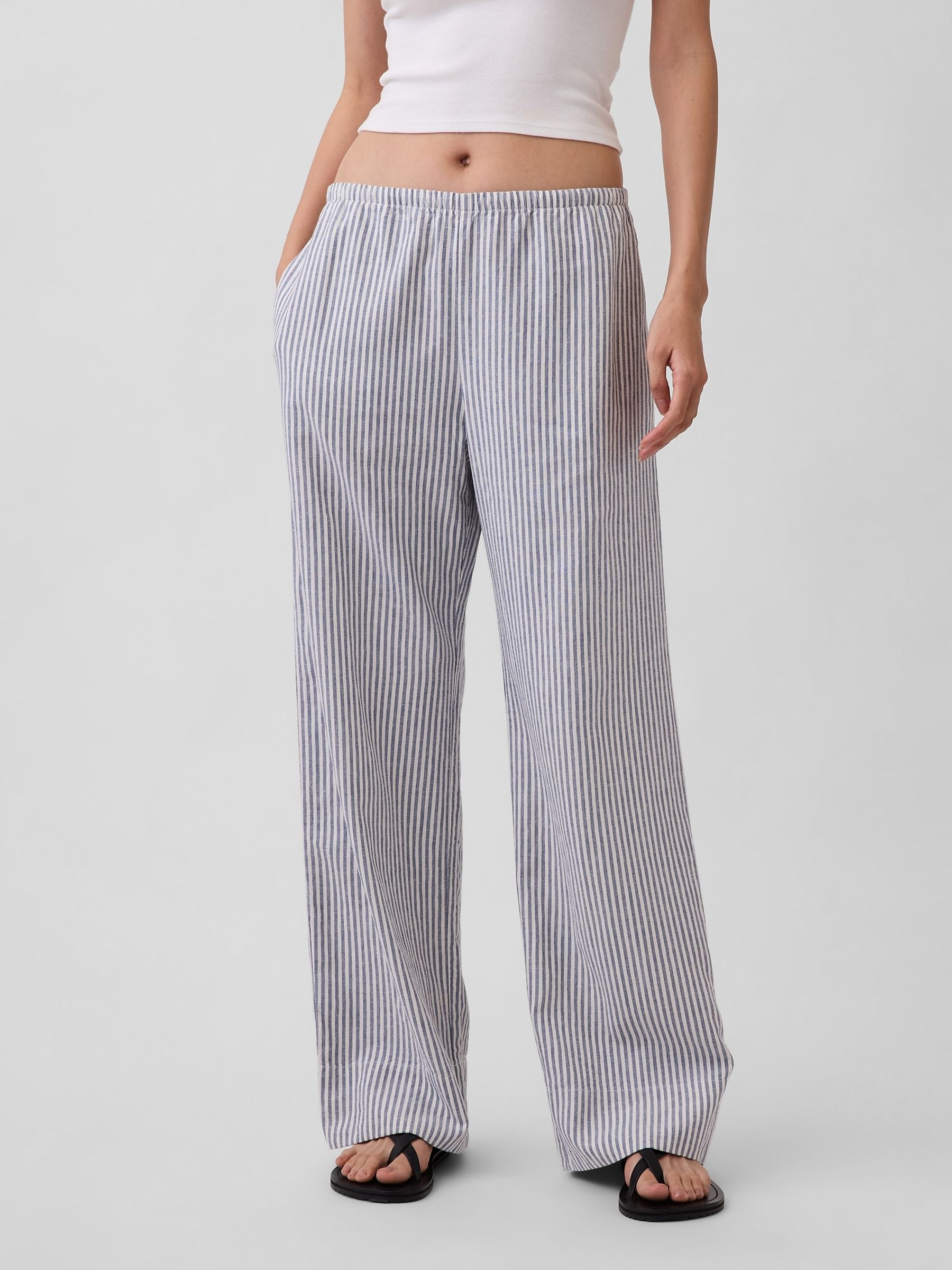 Blue stripe Linen-Blend Relaxed Wide-Leg Trousers - Image 1 of 4 Blue stripe Linen-Blend Relaxed Wide-Leg Trousers - Image 1 of 4