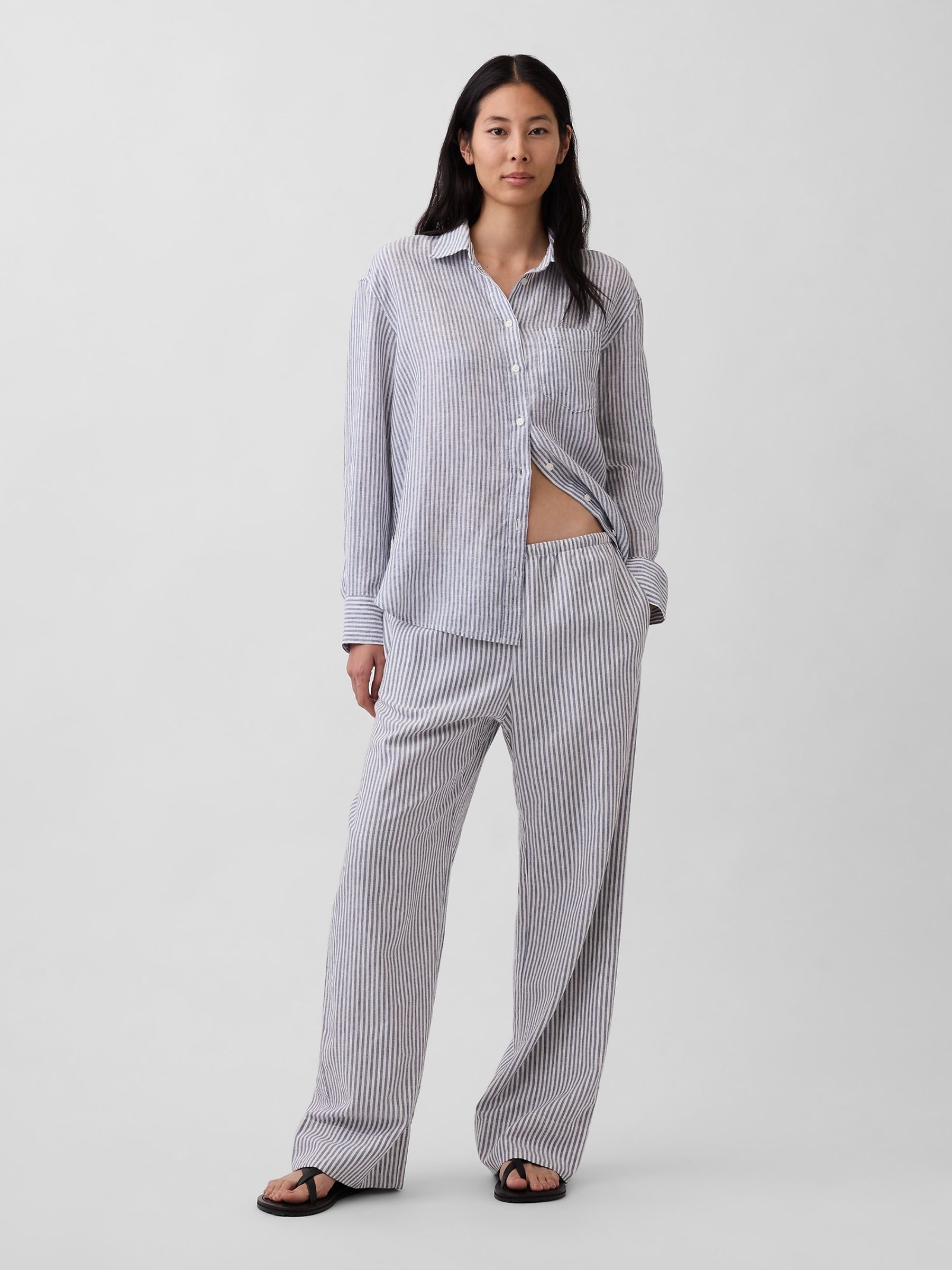 Blue stripe Linen-Blend Relaxed Wide-Leg Trousers - Image 3 of 4