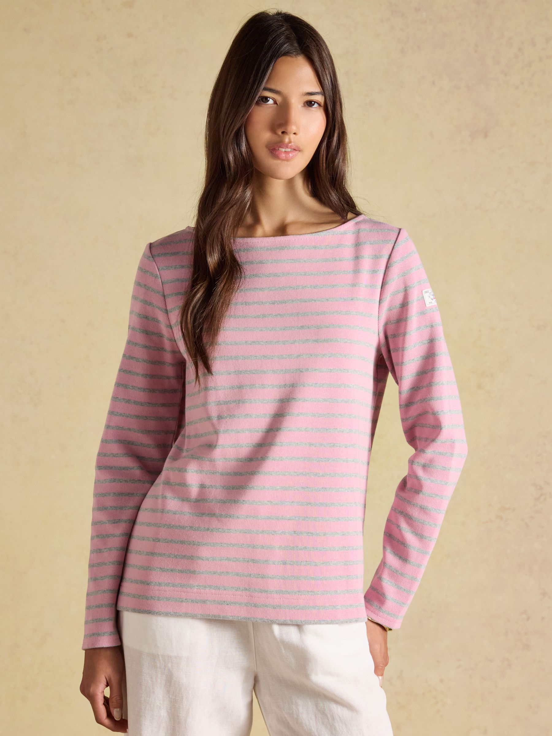 Harbour Pink & Grey Marl Long Sleeve Striped Boat Neck Breton Top - Image 1 of 7 Harbour Pink & Grey Marl Long Sleeve Striped Boat Neck Breton Top - Image 1 of 7