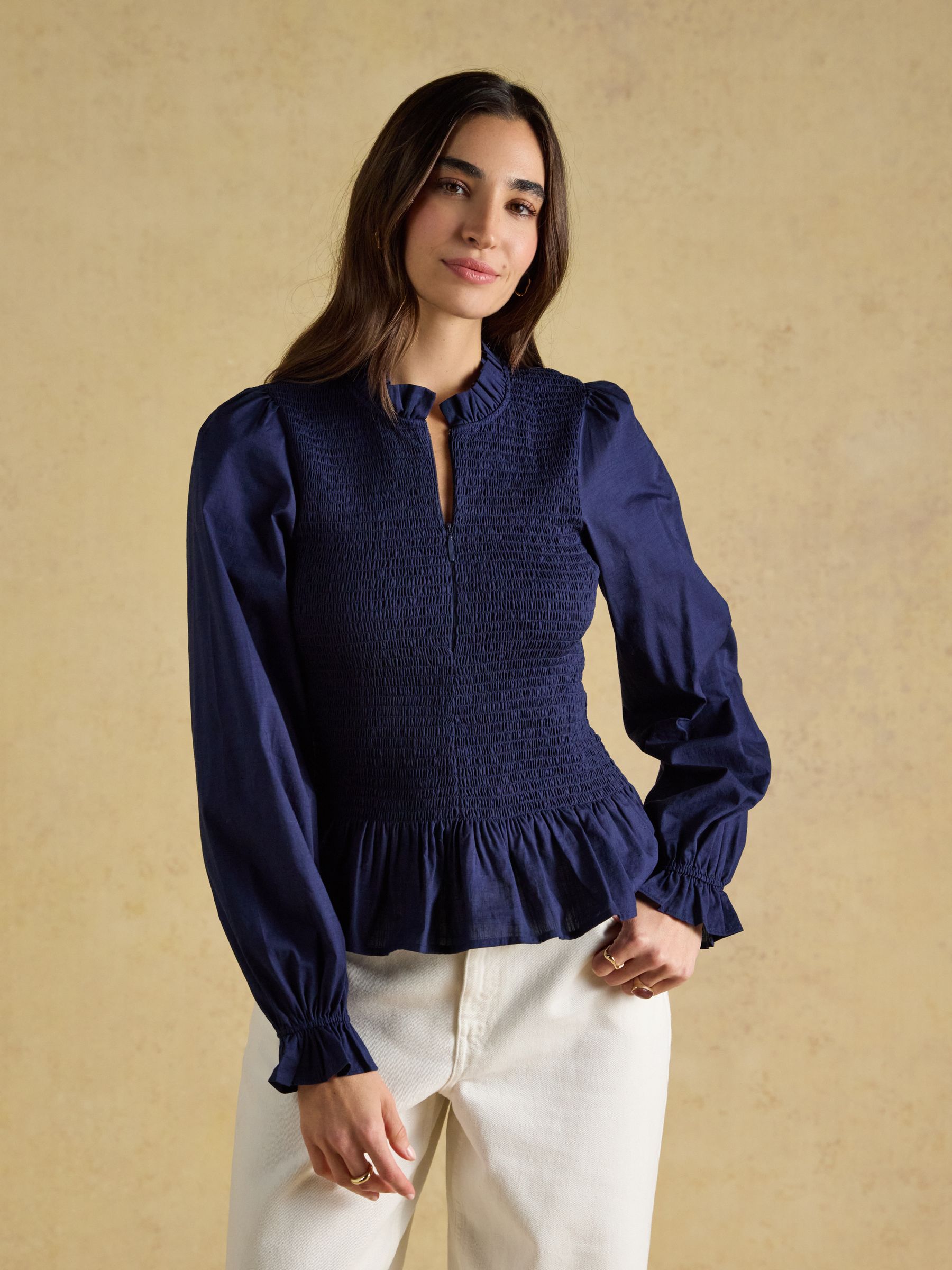 Zoe Navy Long Sleeved Smocked Blouse - Image 1 of 1