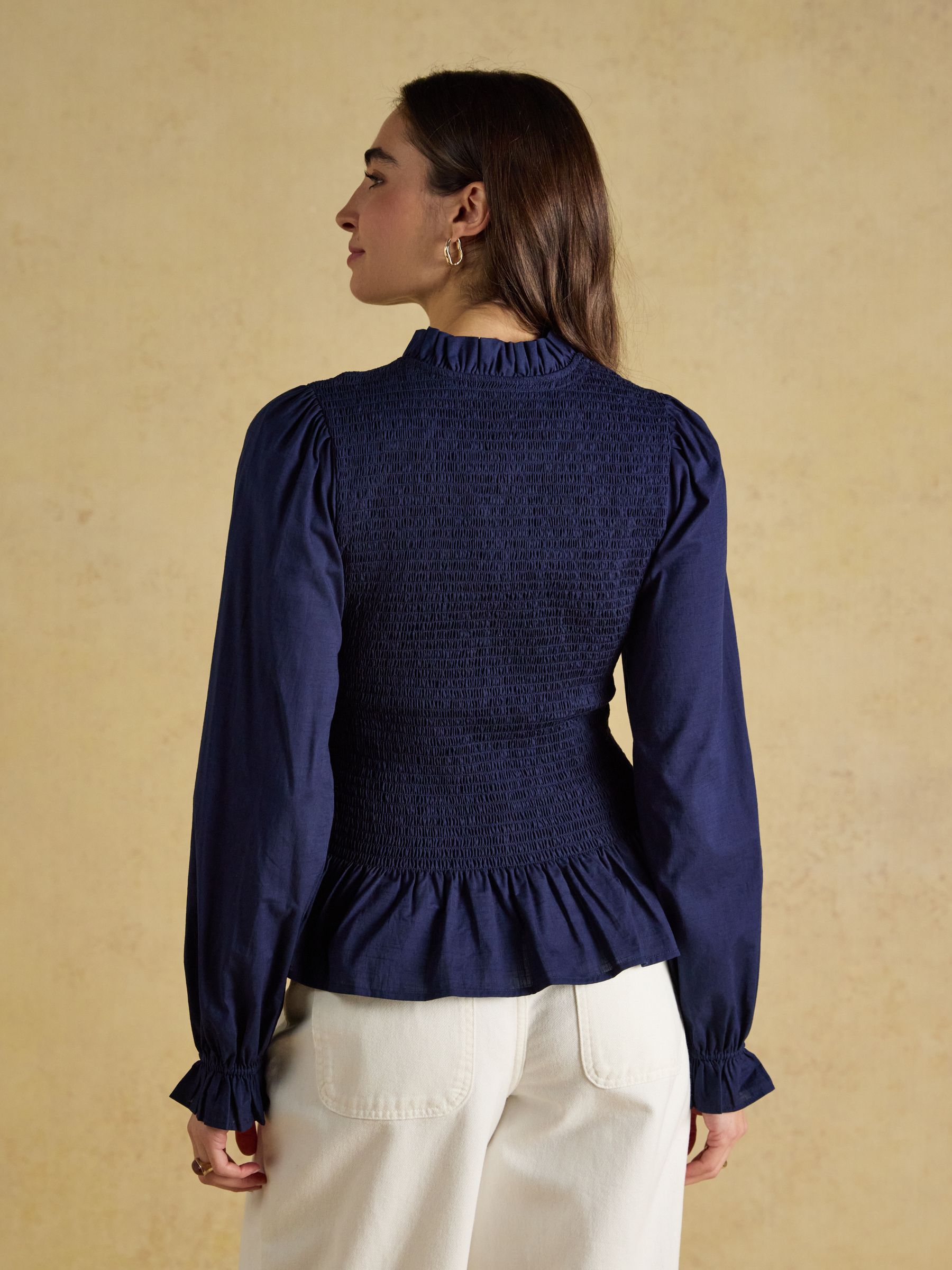 Zoe Navy Long Sleeved Smocked Blouse - Image 2 of 7