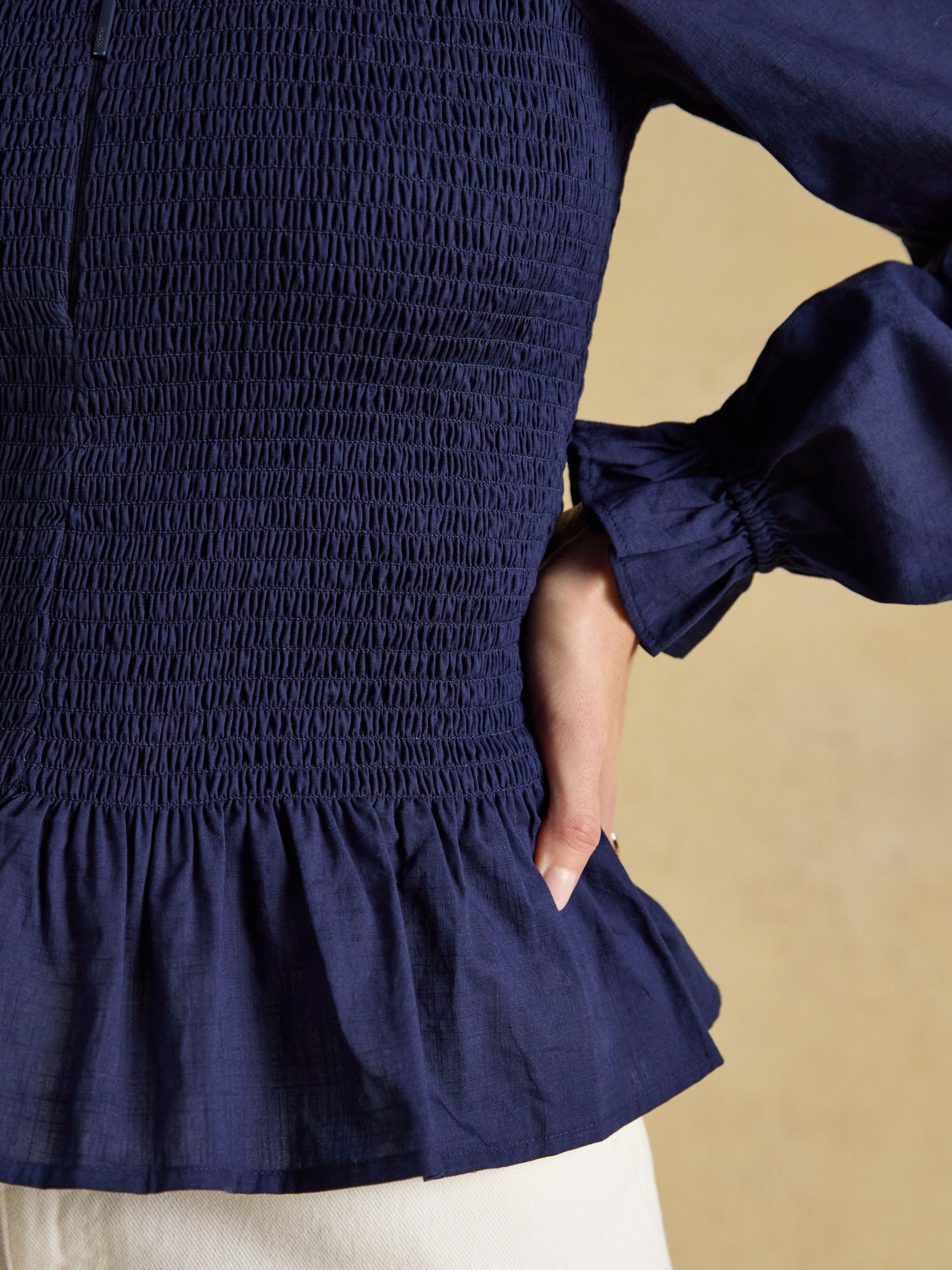 Zoe Navy Long Sleeved Smocked Blouse - Image 5 of 7