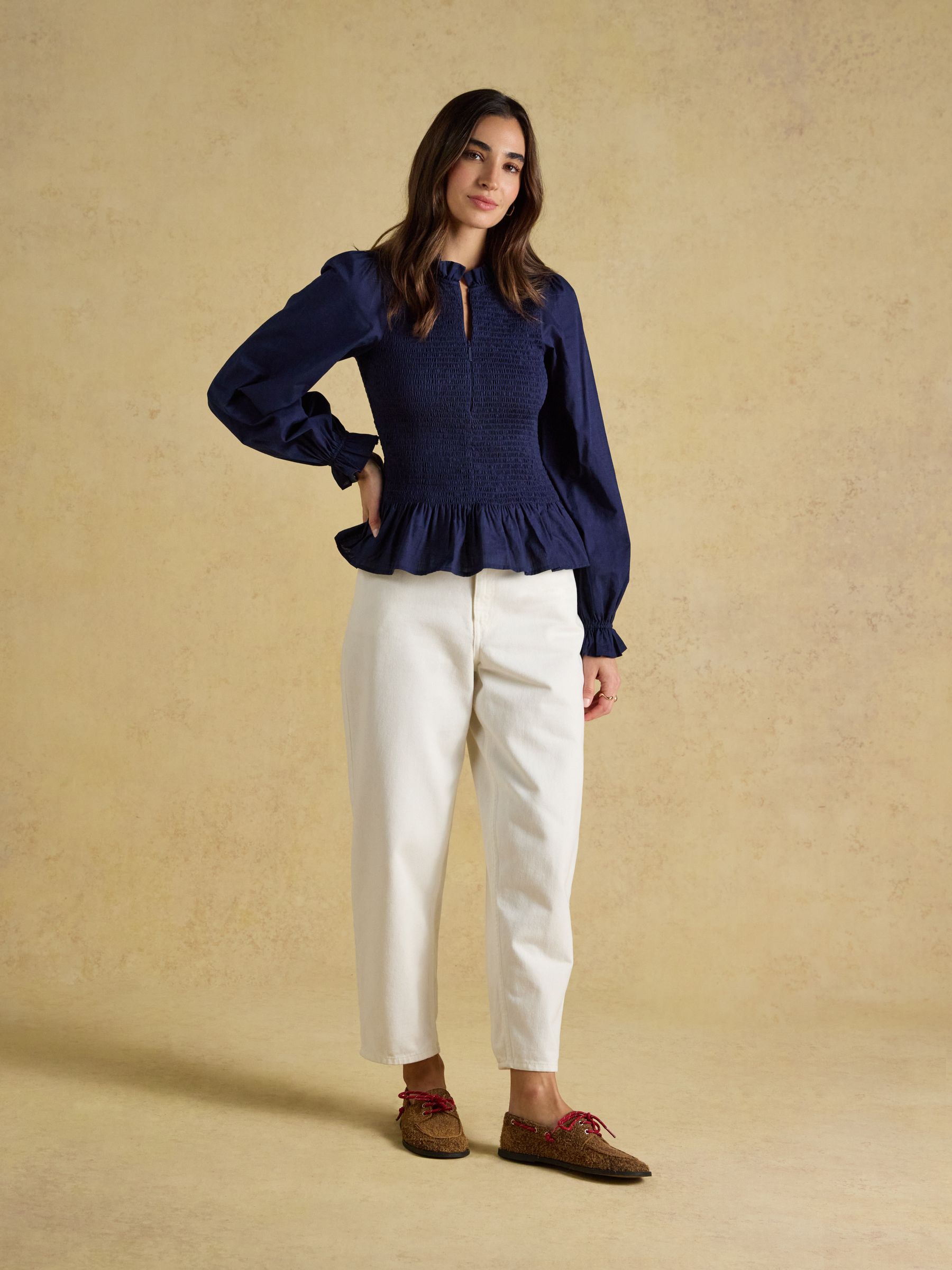 Zoe Navy Long Sleeved Smocked Blouse - Image 6 of 7