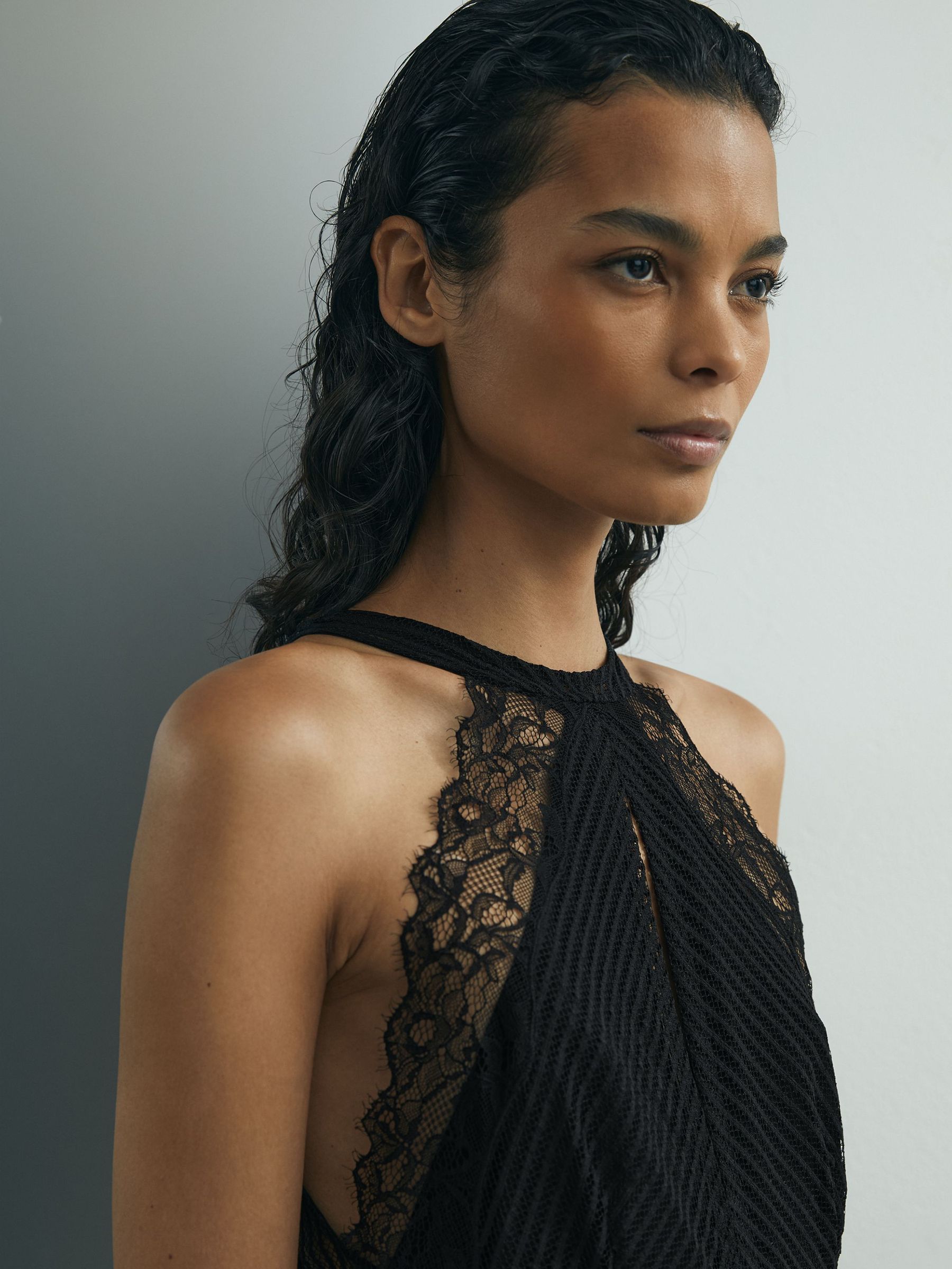 Atelier Lace-Trim Sheer Maxi Black Dress in Black - Image 3 of 7