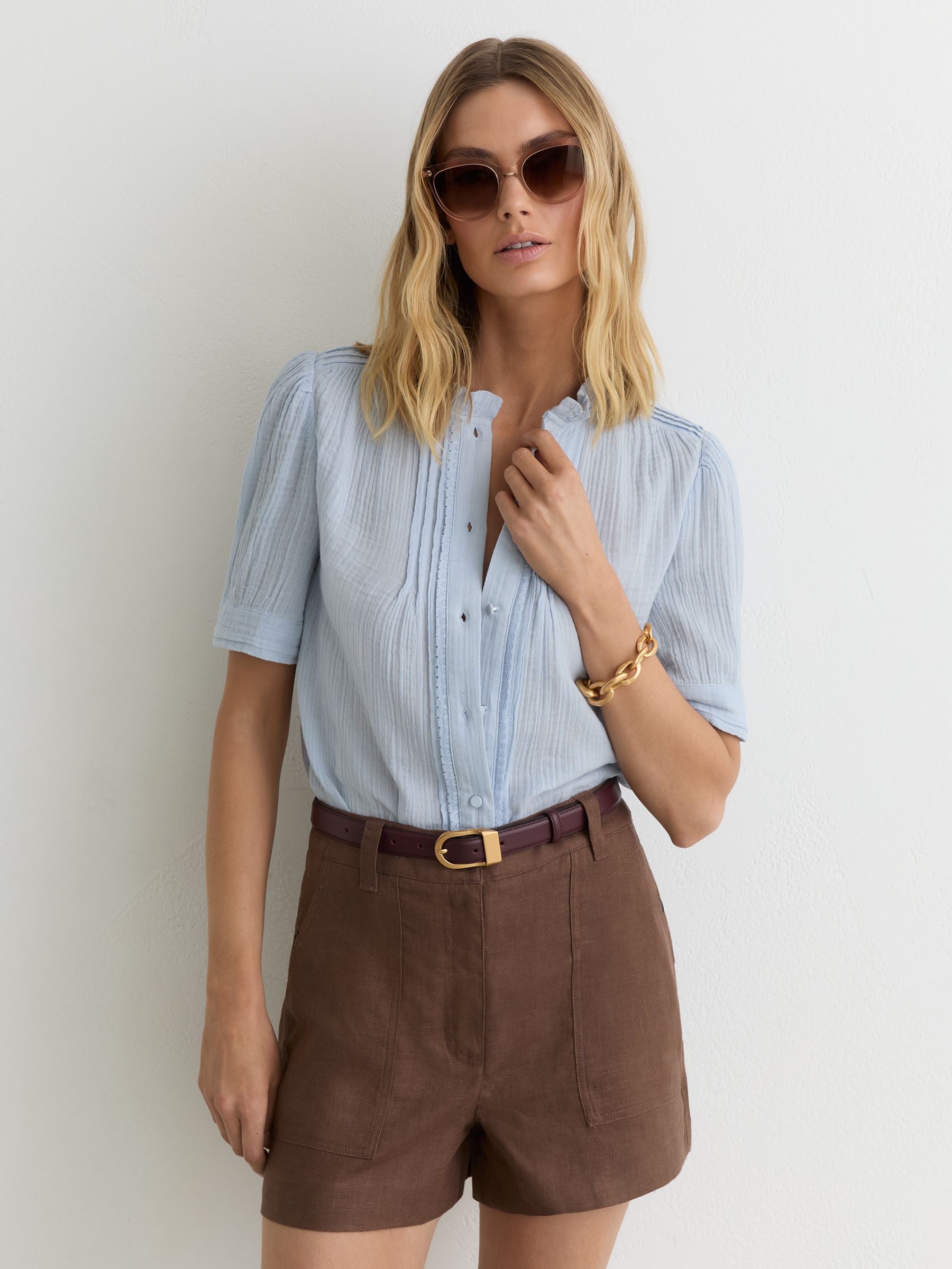 Cotton Cheesecloth Frill-Neck Top in Light Blue - image 2