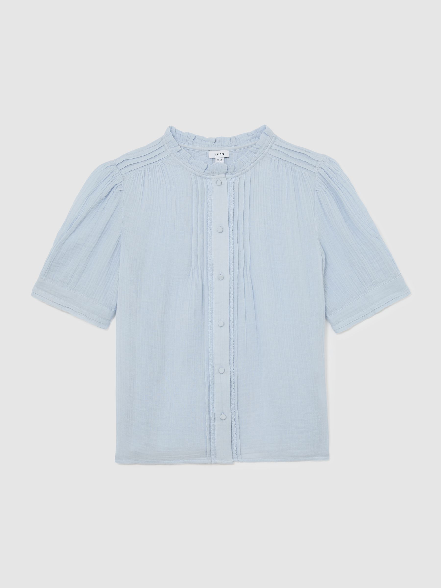 Cotton Cheesecloth Frill-Neck Top in Light Blue