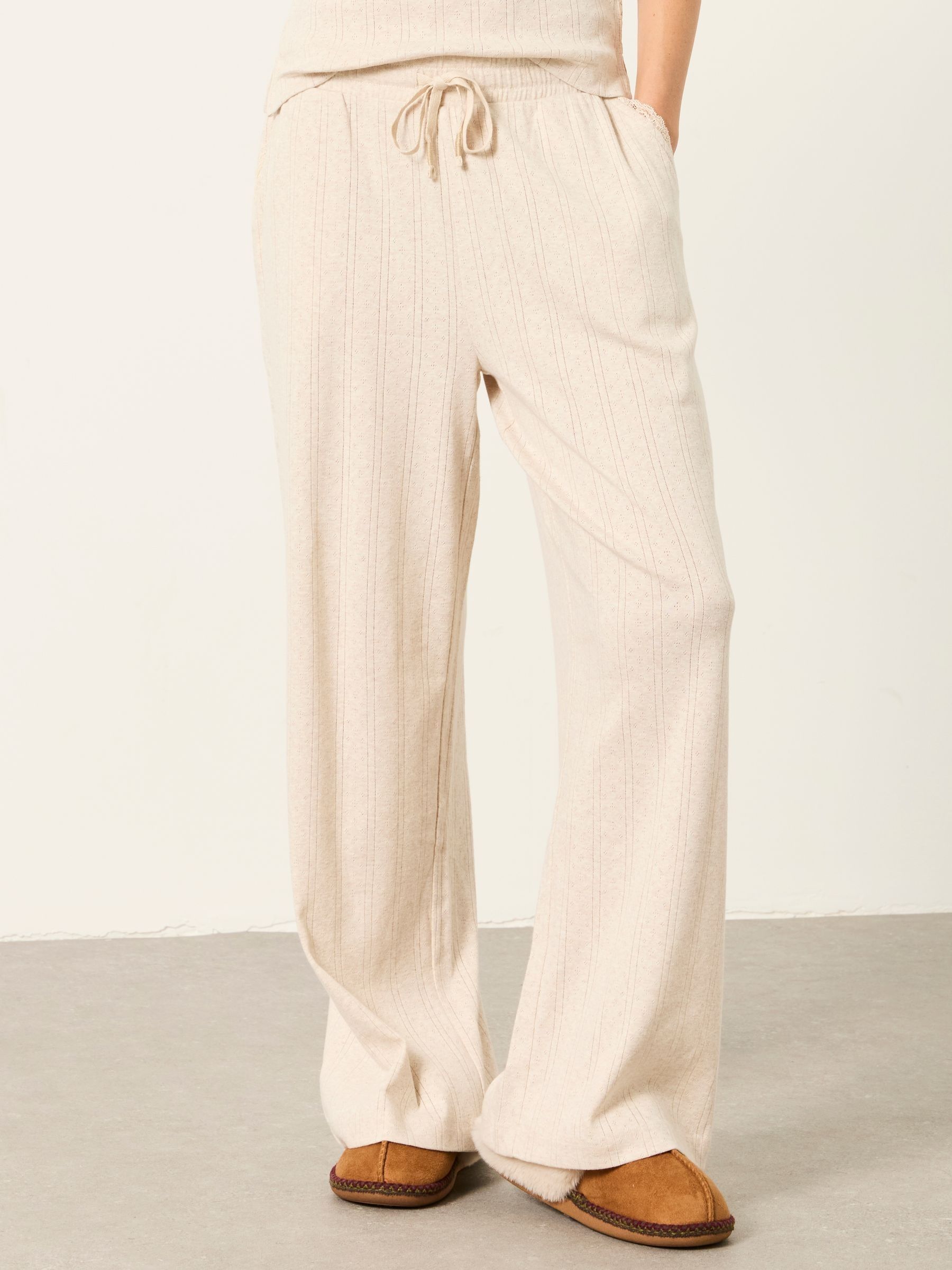 Lola Oatmeal Pointelle Wide Leg Trousers - Image 1 of 6 Lola Oatmeal Pointelle Wide Leg Trousers - Image 1 of 6