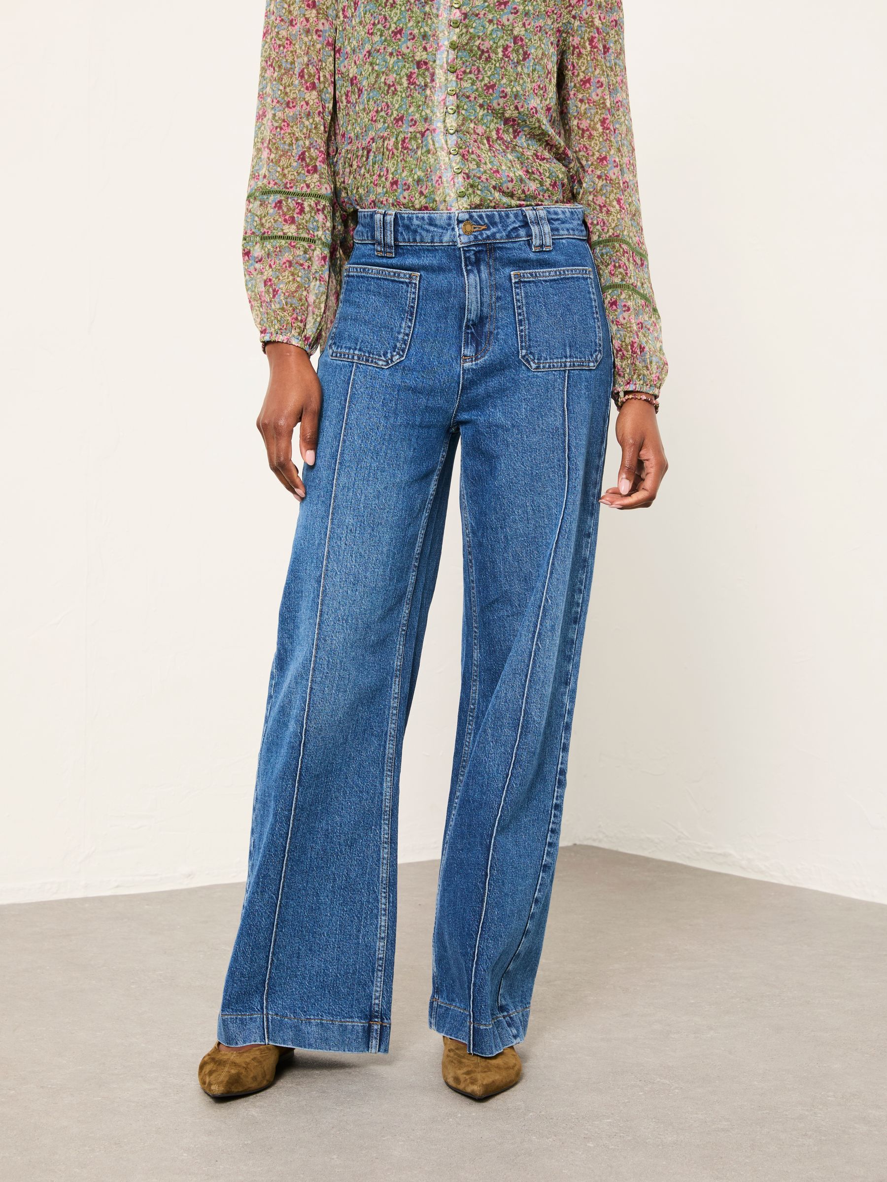 Blue Denim Patch Pocket Blue Denim Flare Jeans - Image 1 of 6