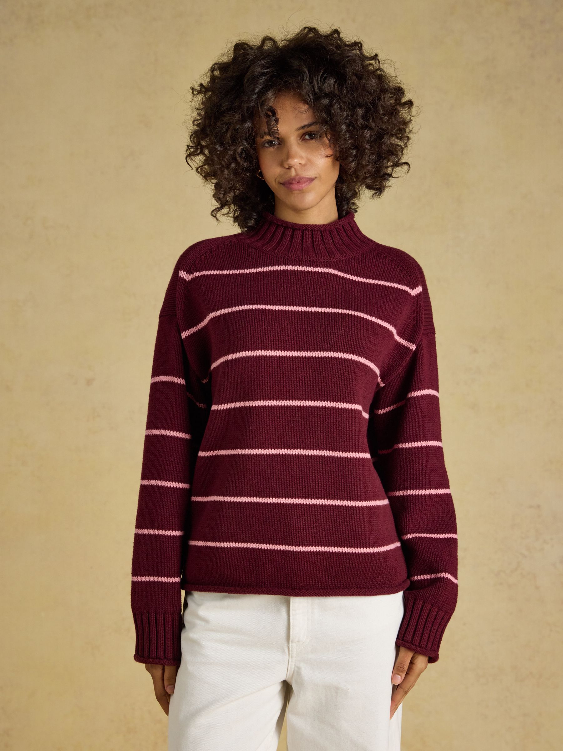Burgundy Red Roll Neck Striped Relaxed Fit Jumper - Image 1 of 7 Burgundy Red Roll Neck Striped Relaxed Fit Jumper - Image 1 of 7