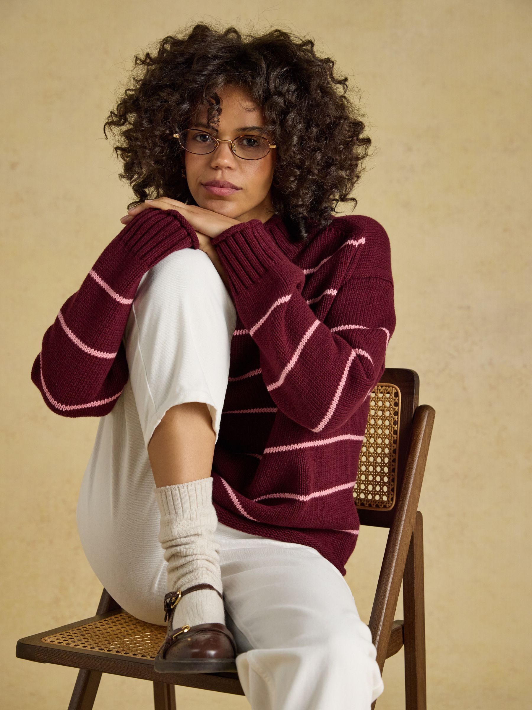 Burgundy Red Roll Neck Striped Relaxed Fit Jumper - Image 3 of 7