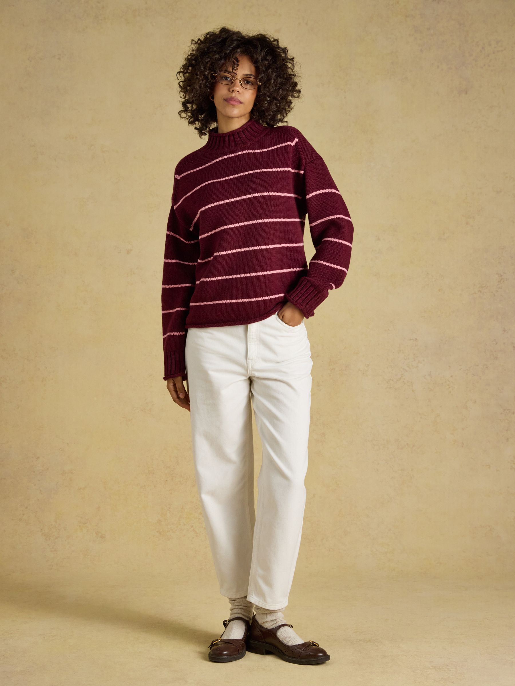 Burgundy Red Roll Neck Striped Relaxed Fit Jumper - Image 5 of 7