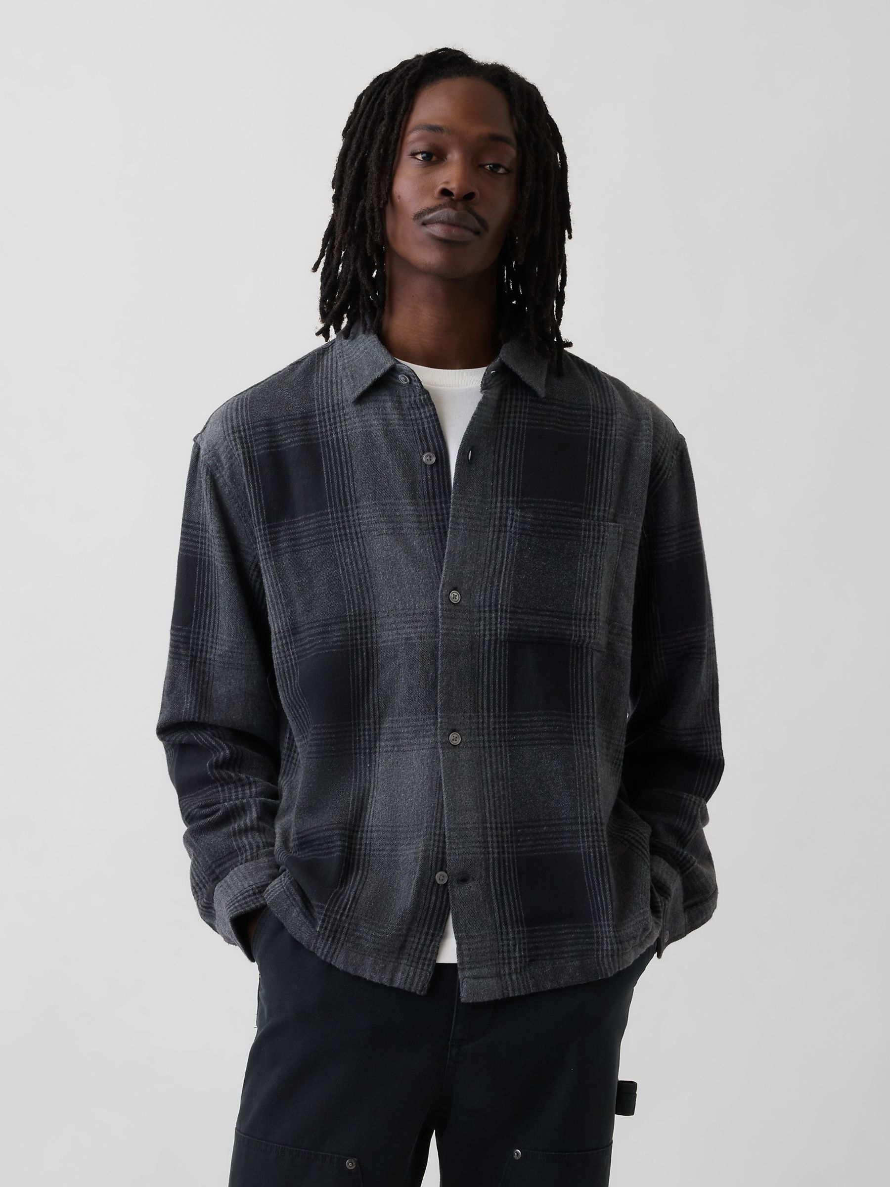 Black Check Relaxed Flannel Shirt - Image 1 of 4