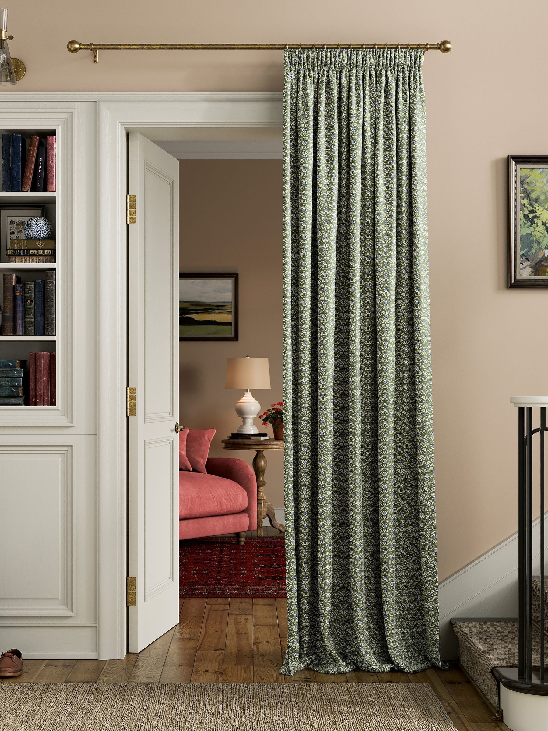 Green Floral Foulard Lined Pencil Pleat Curtains - Image 2 of 3