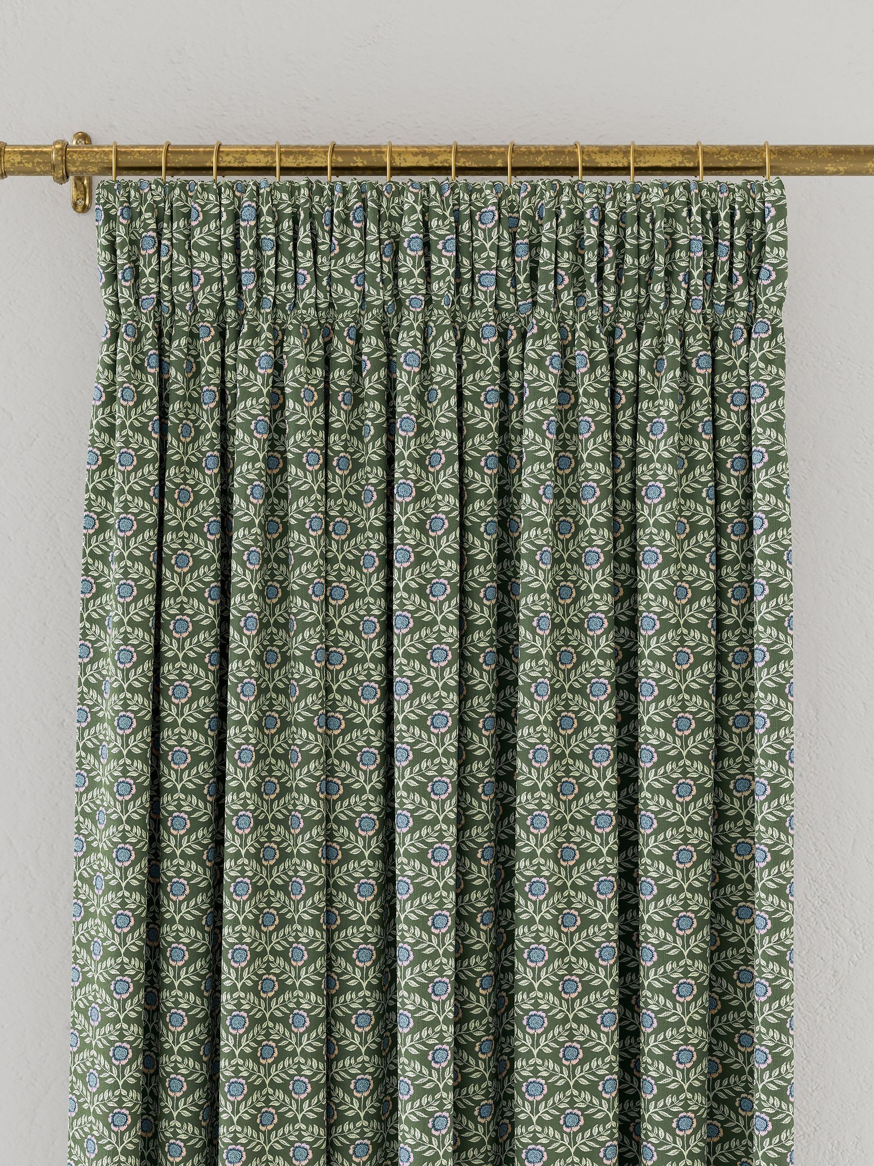 Green Floral Foulard Lined Pencil Pleat Curtains - Image 3 of 3