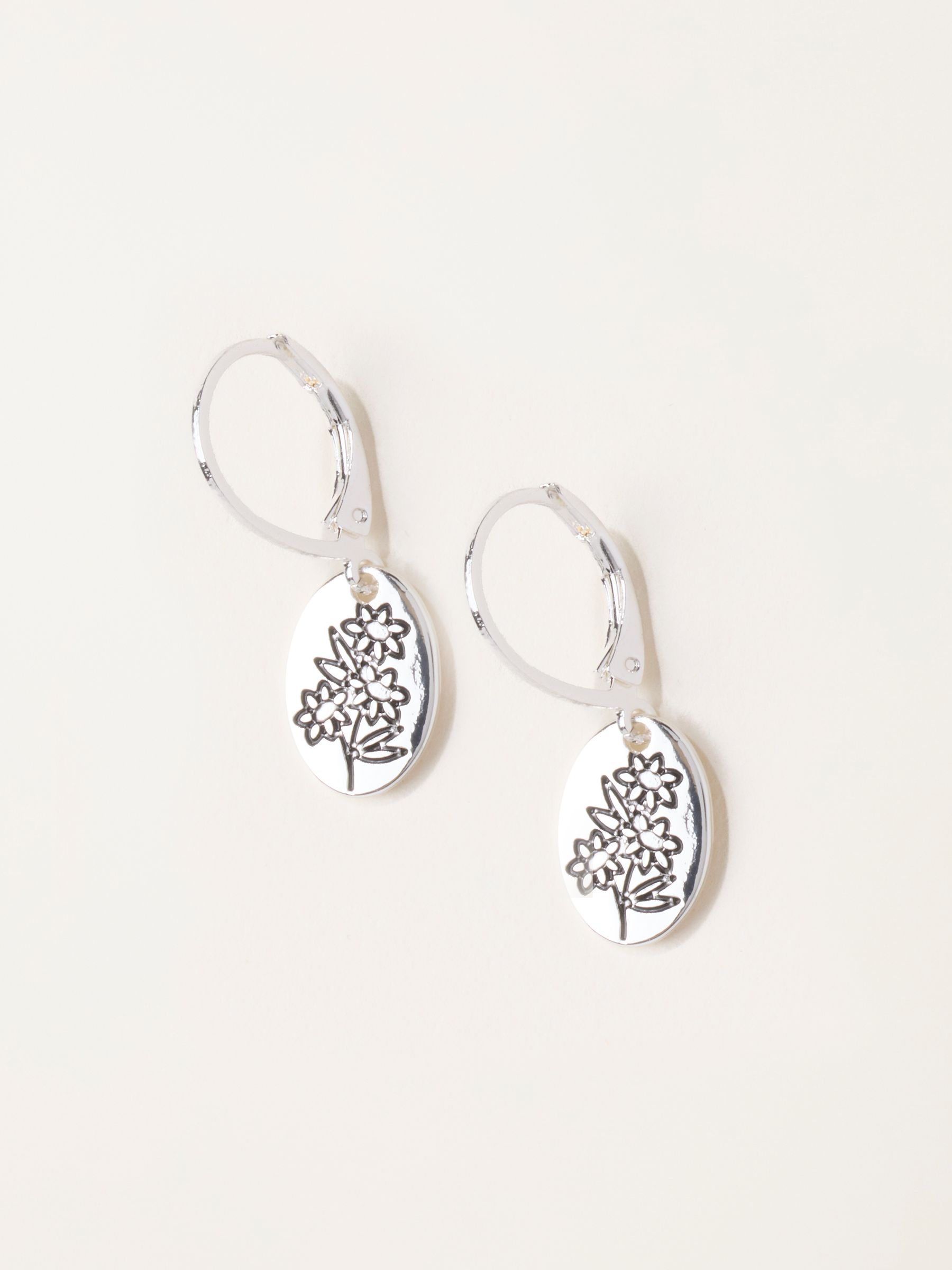 Silver Tone Floral Disc Earrings - Image 1 of 2 Silver Tone Floral Disc Earrings - Image 1 of 2