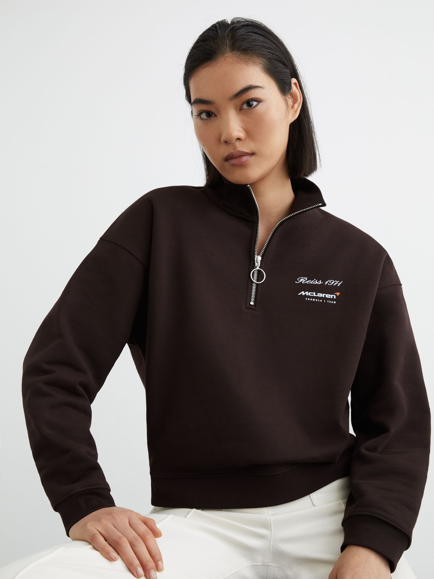 McLaren Racing Cotton Half-Zip Sweatshirt in Chocolate Brown - Image 1 of 7