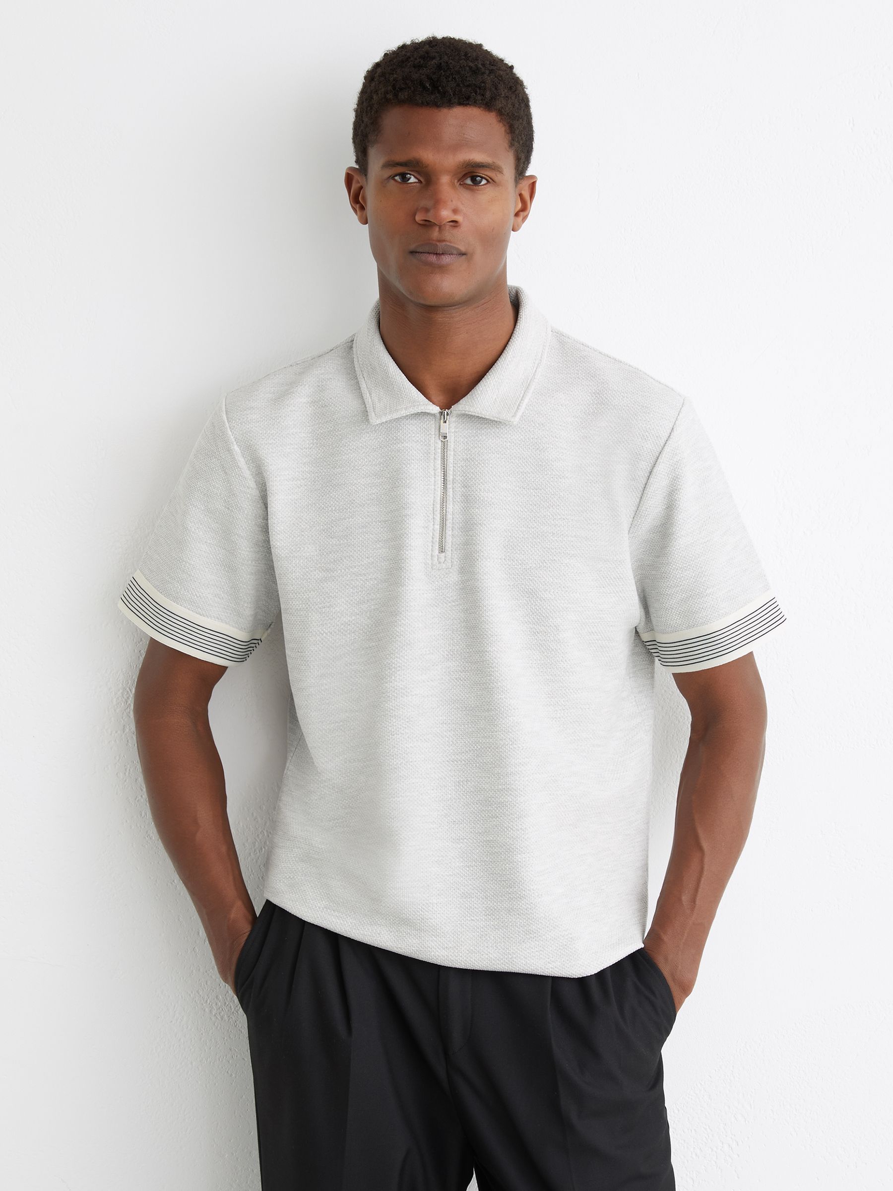Sleeve-Trim Half-Zip Polo Shirt in Grey Melange - image 2