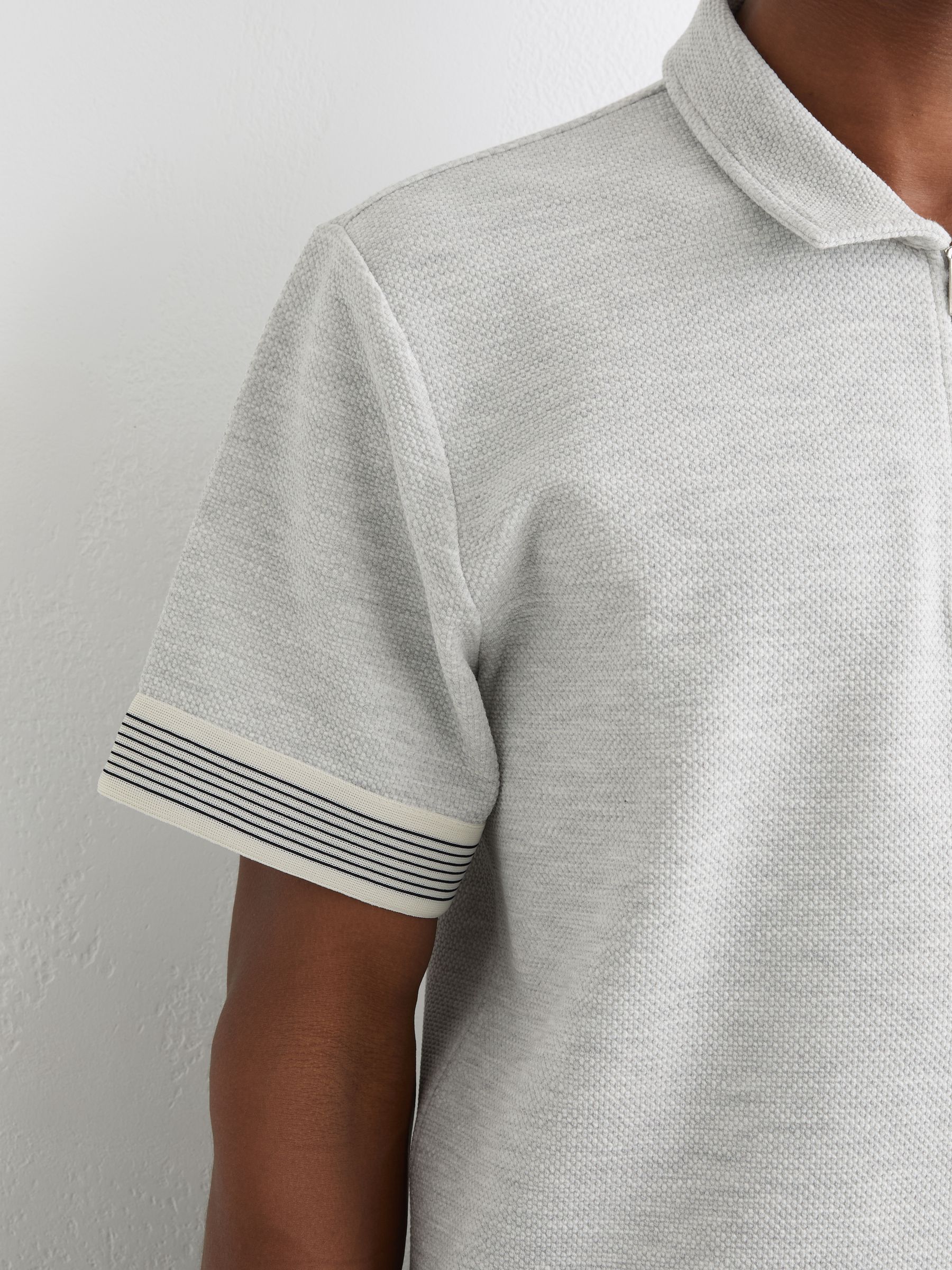 Sleeve-Trim Half-Zip Polo Shirt in Grey Melange - image 5