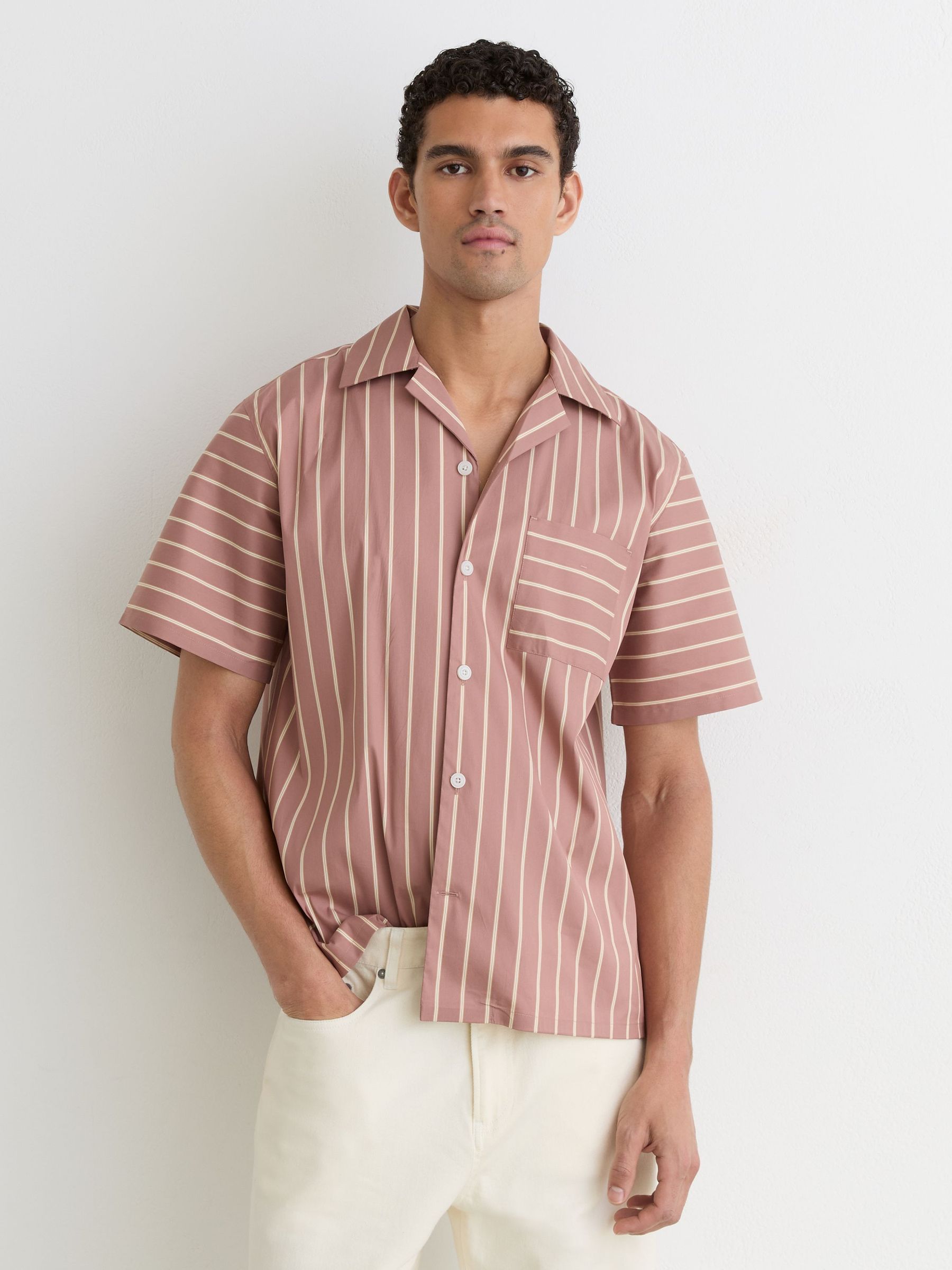 Cotton-Blend Stripe Cuban-Collar Shirt in Dusty Pink - Image 1 of 7