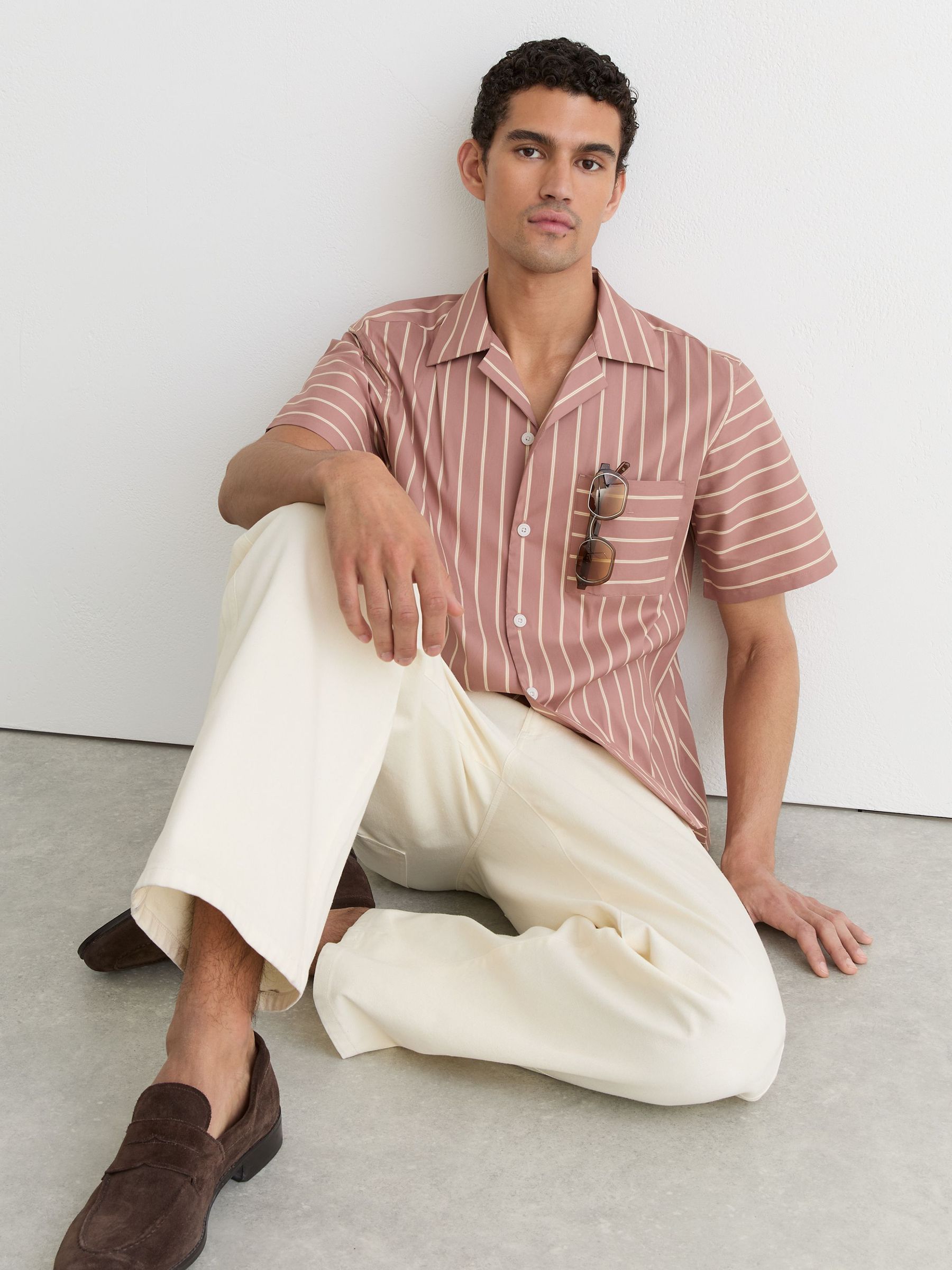 Cotton-Blend Stripe Cuban-Collar Shirt in Dusty Pink - Image 3 of 7