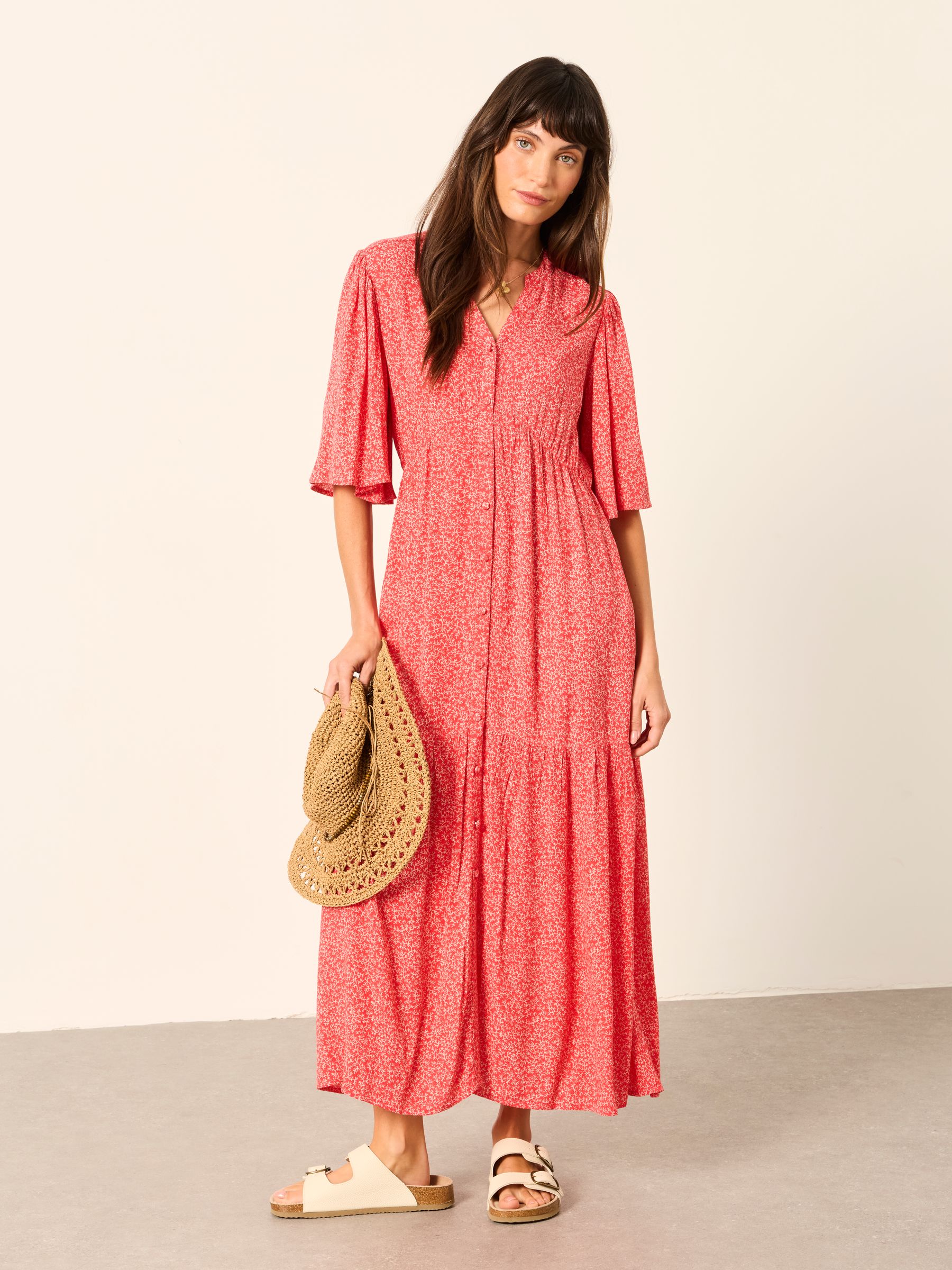 knee length dresses for ladies Sathya Midi Dress in Red Fontainhas Floral Coral main image 1