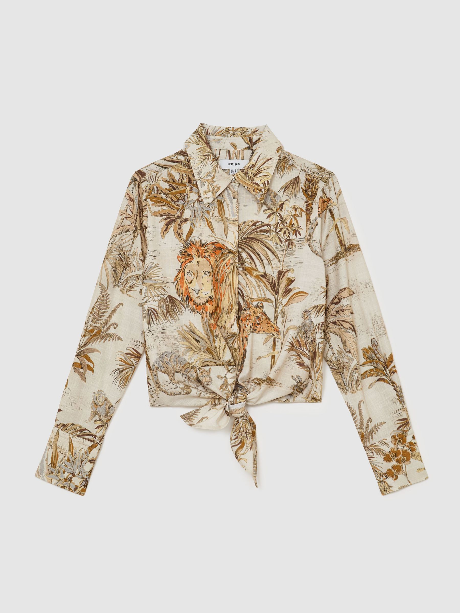 Cotton Safari-Print Tie-Front Shirt in Neutral - Image 2 of 6