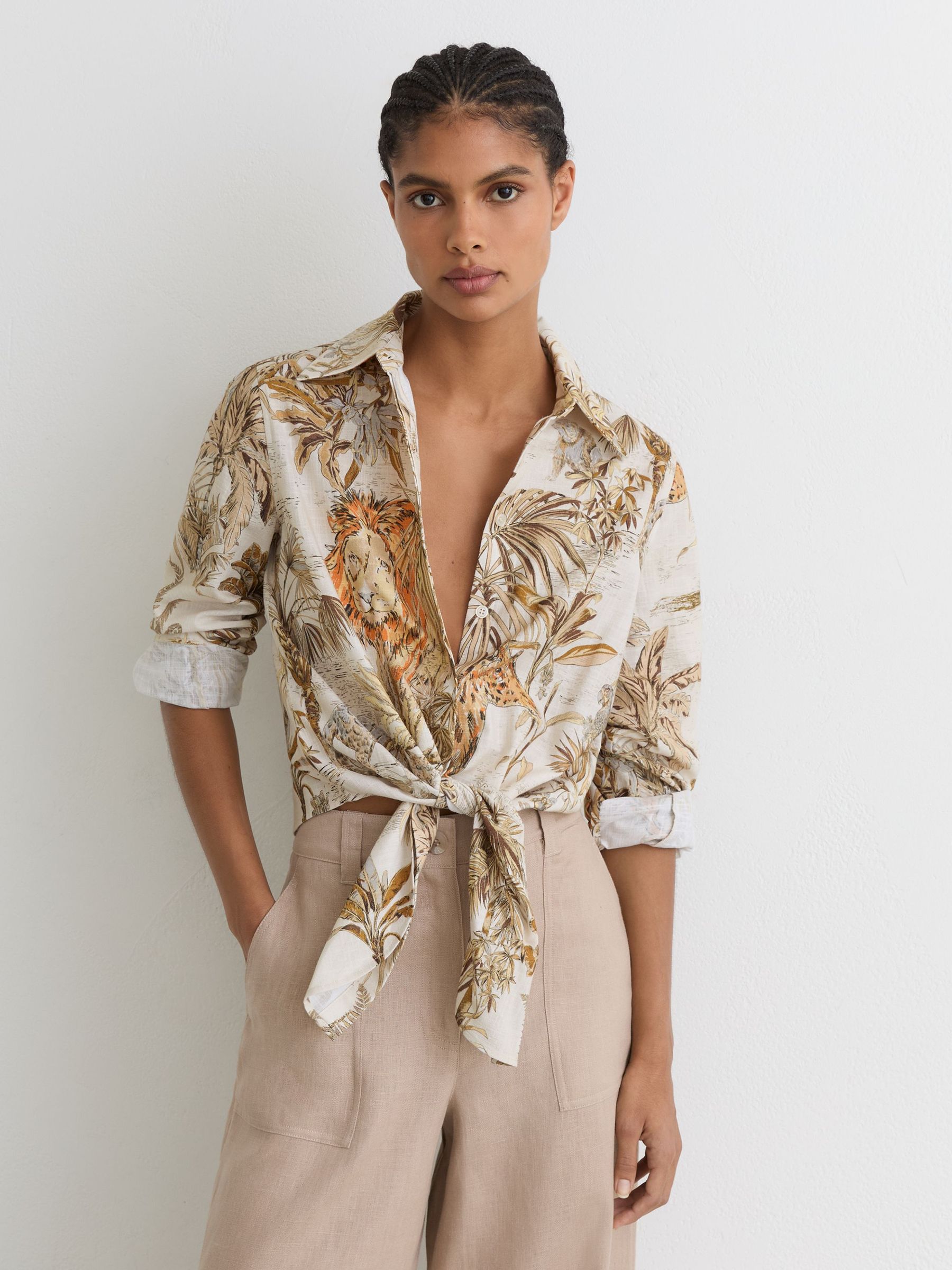 Cotton Safari-Print Tie-Front Shirt in Neutral - Image 3 of 6