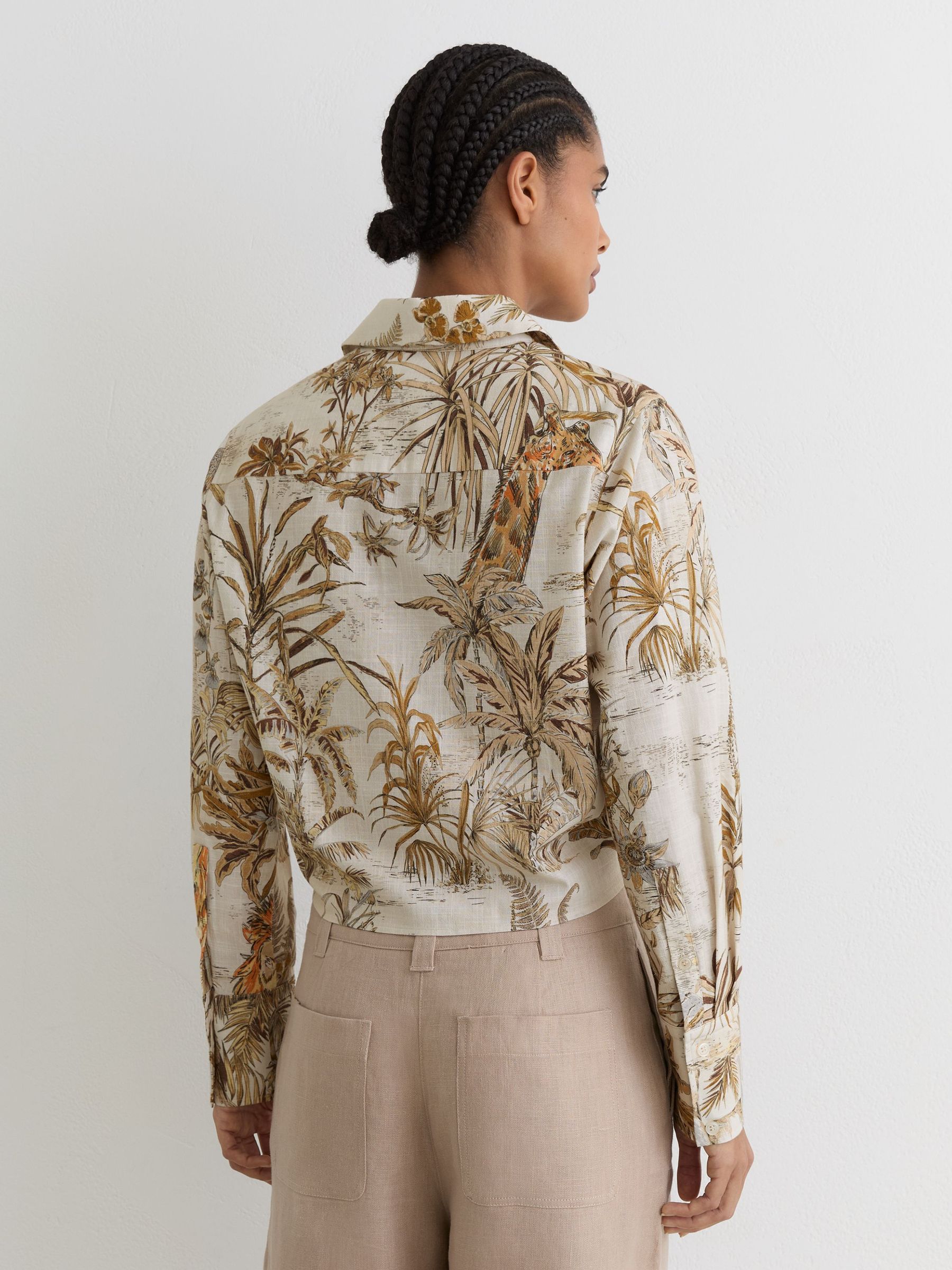Cotton Safari-Print Tie-Front Shirt in Neutral - Image 5 of 6