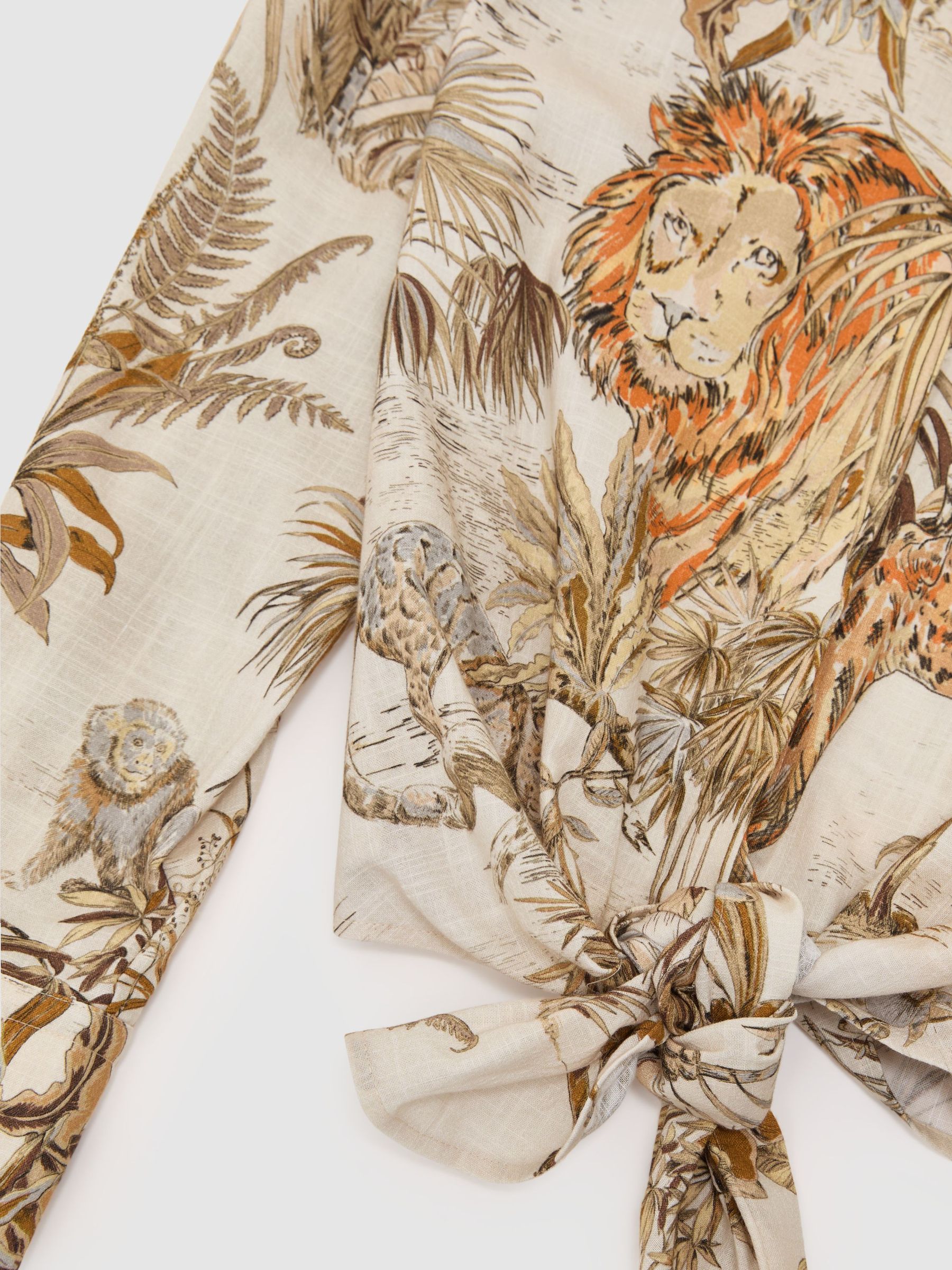 Cotton Safari-Print Tie-Front Shirt in Neutral - Image 6 of 6