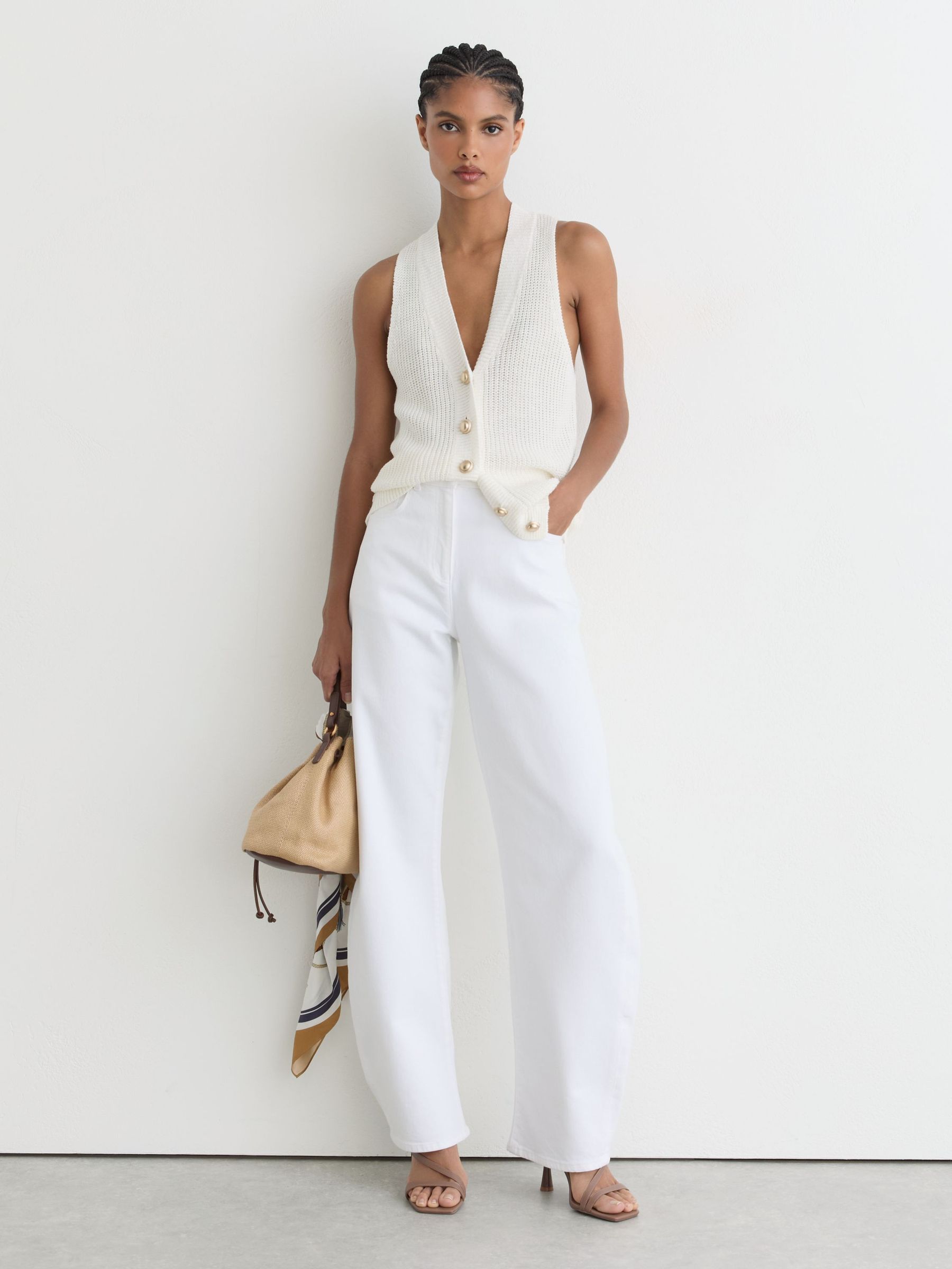 Linen Button-Through Knitted Waistcoat in White - Image 1 of 7