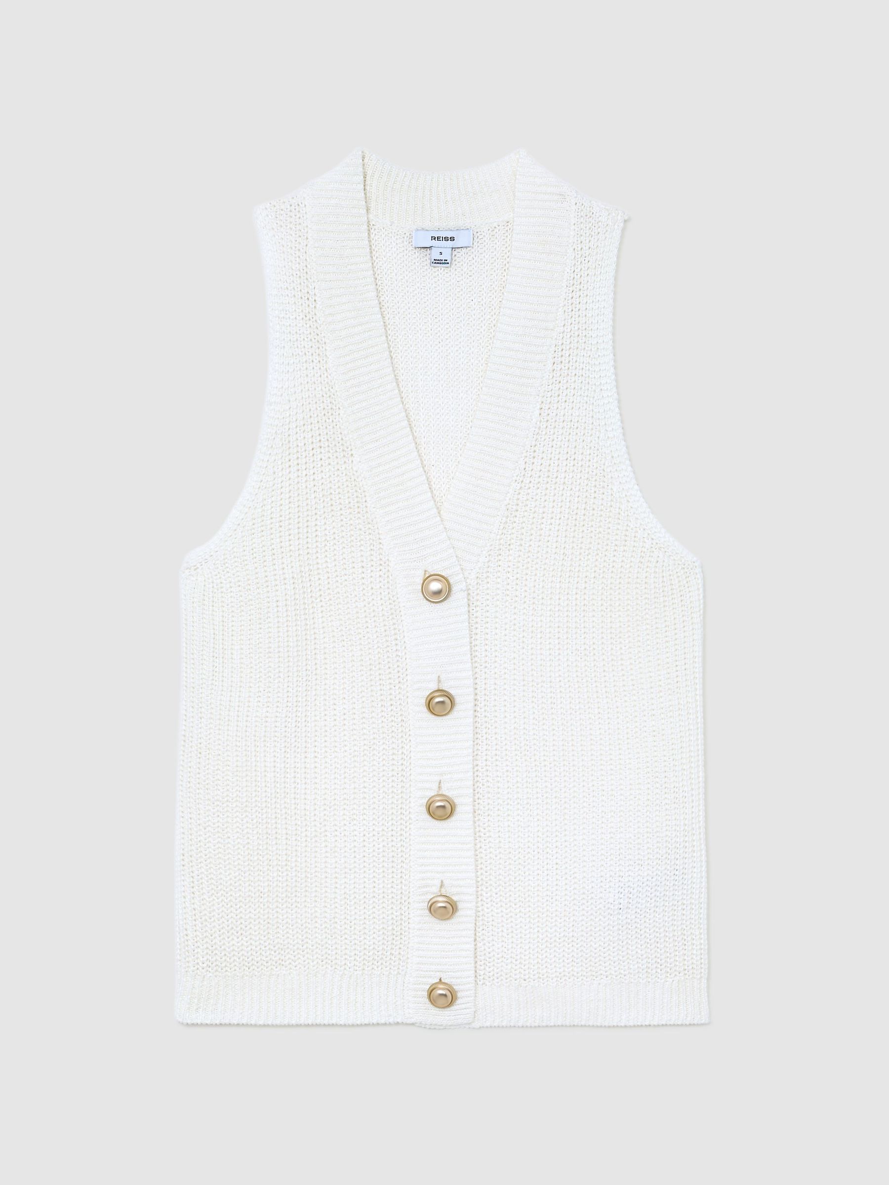 Linen Button-Through Knitted Waistcoat in White - Image 2 of 7