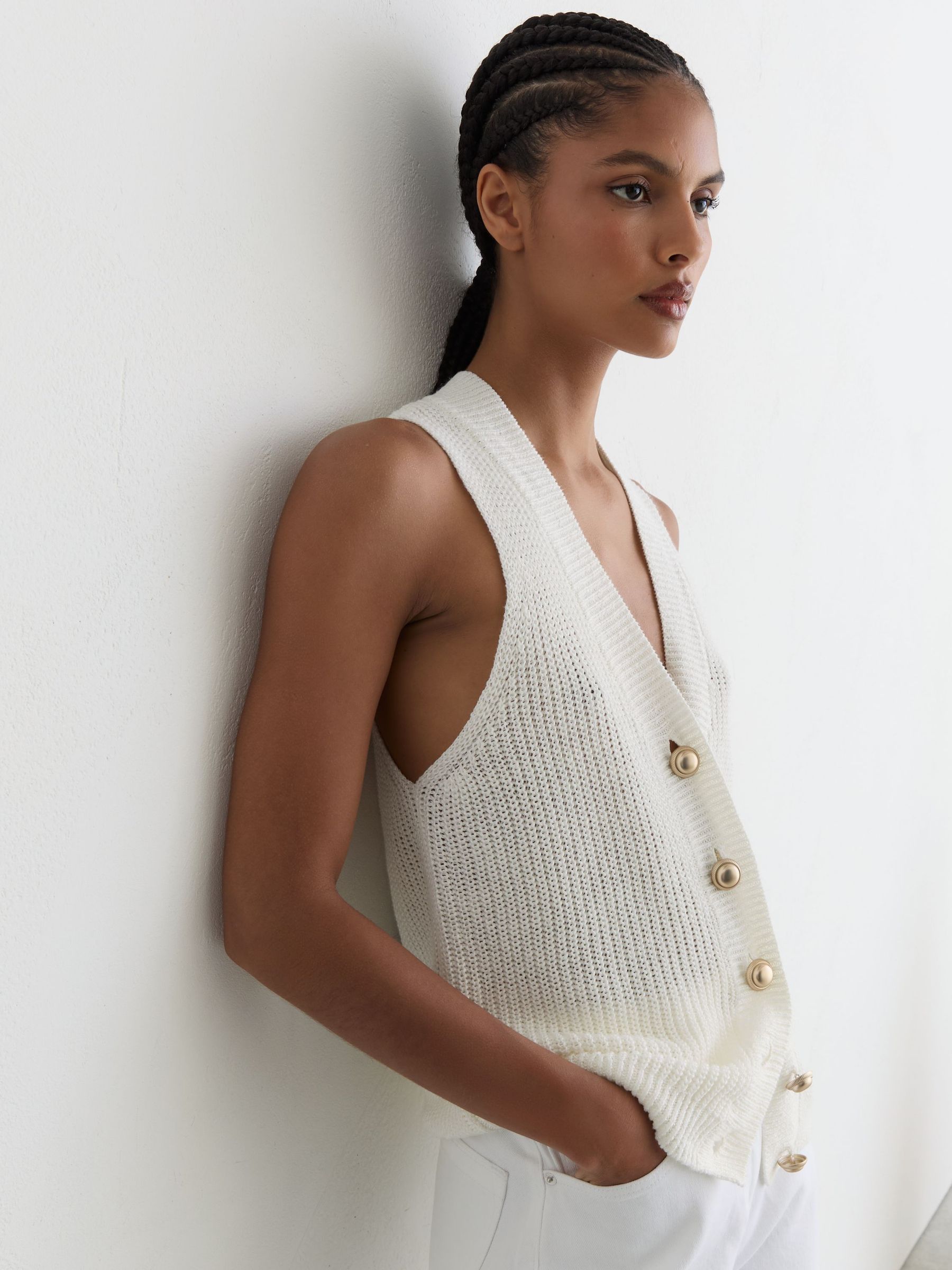 Linen Button-Through Knitted Waistcoat in White - Image 3 of 7