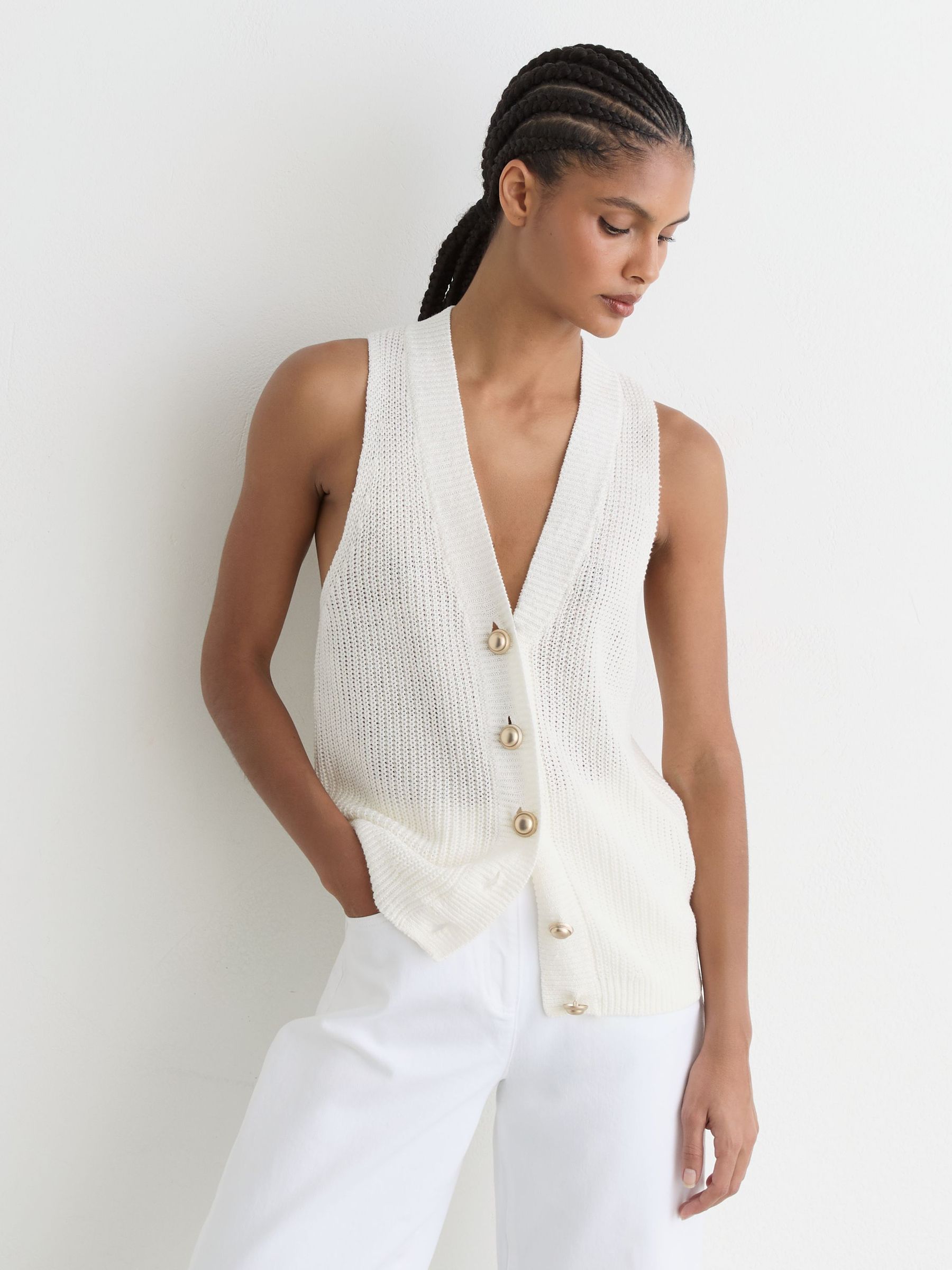 Linen Button-Through Knitted Waistcoat in White - Image 6 of 7
