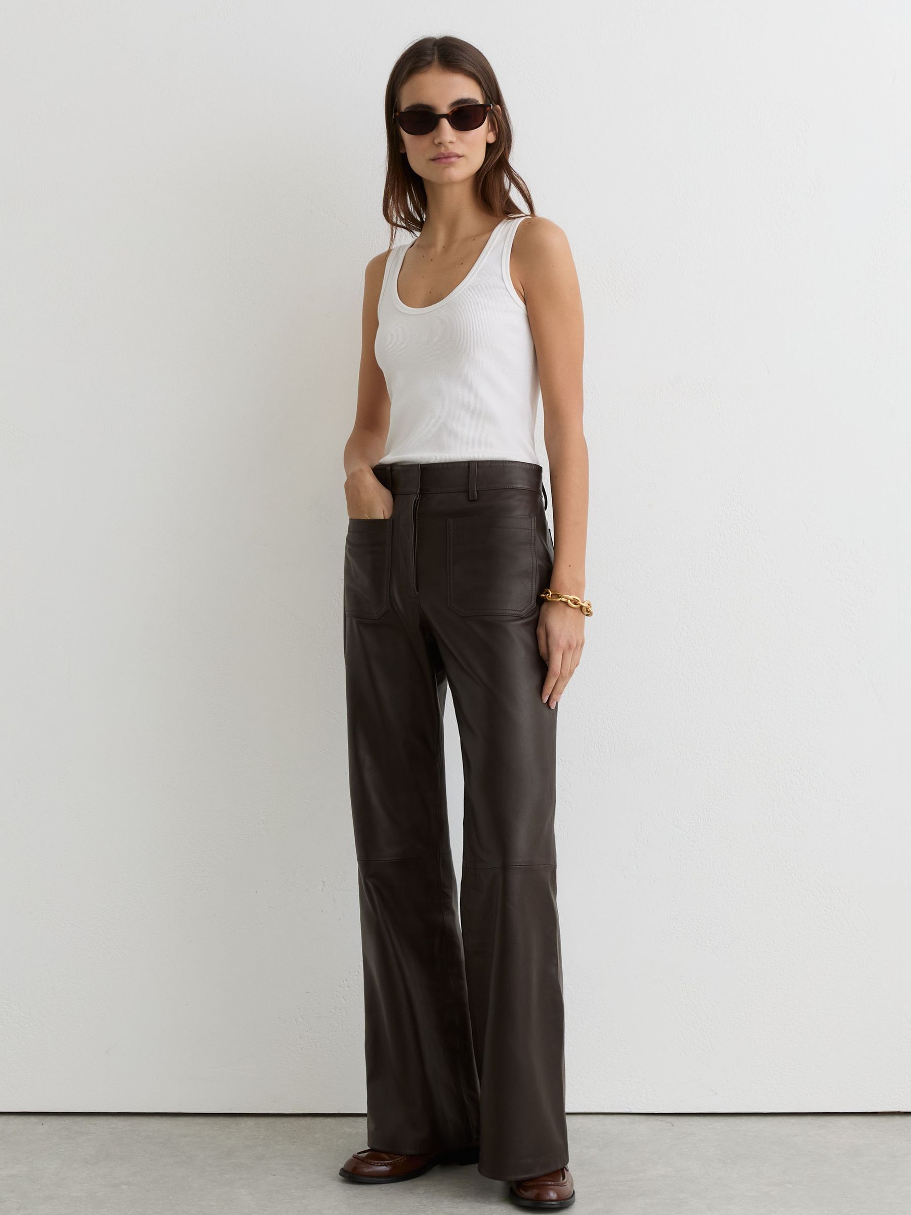 Leather Patch-Pocket Flared Trousers in Chocolate Brown - image 3