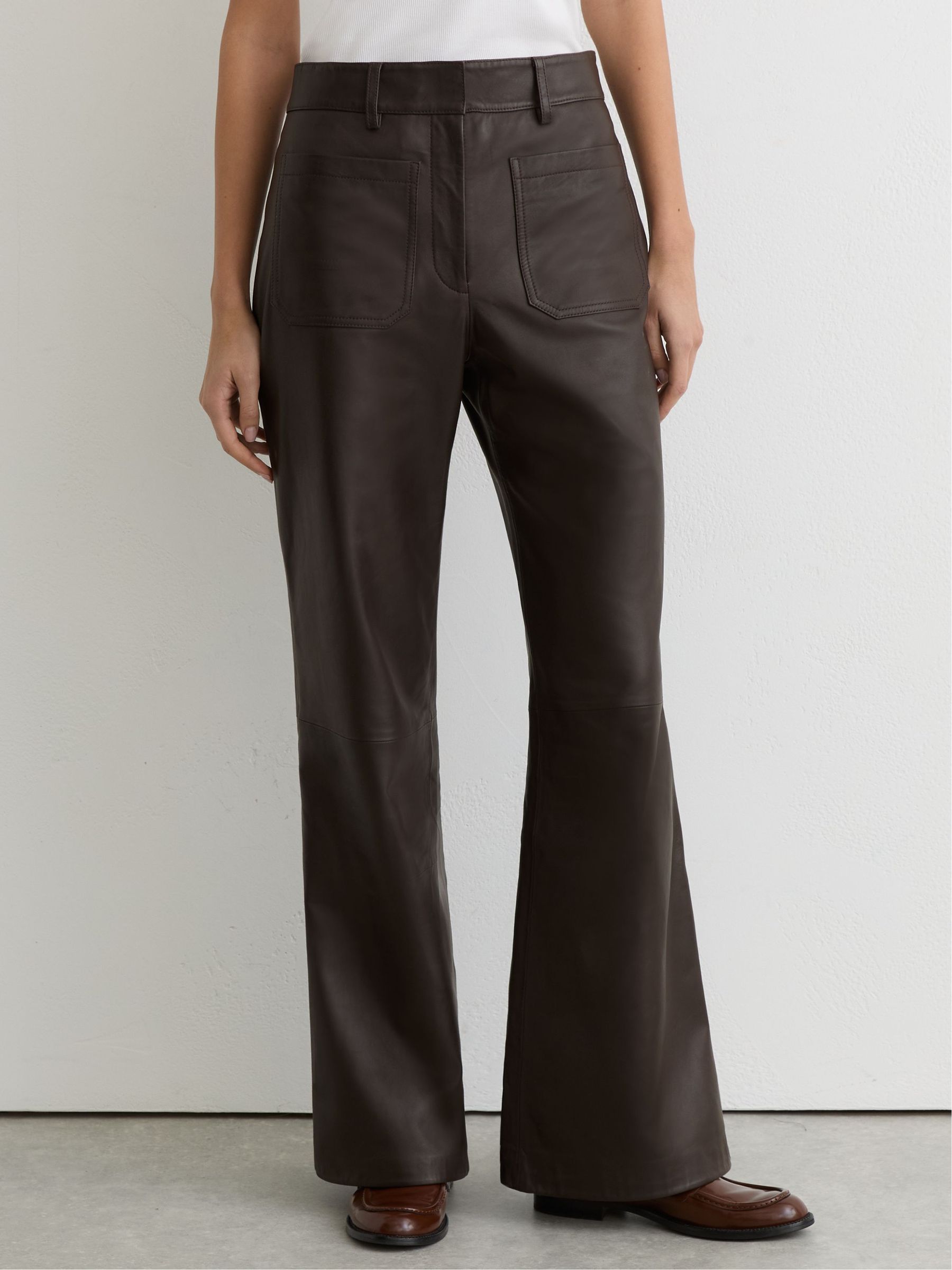 Leather Patch-Pocket Flared Trousers in Chocolate Brown - Image 3 of 8