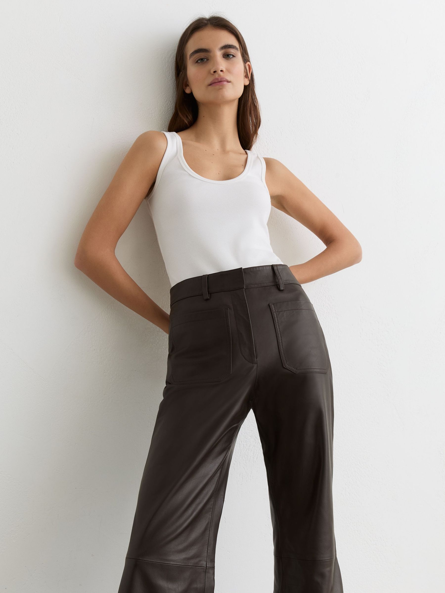 Leather Patch-Pocket Flared Trousers in Chocolate Brown - Image 4 of 8