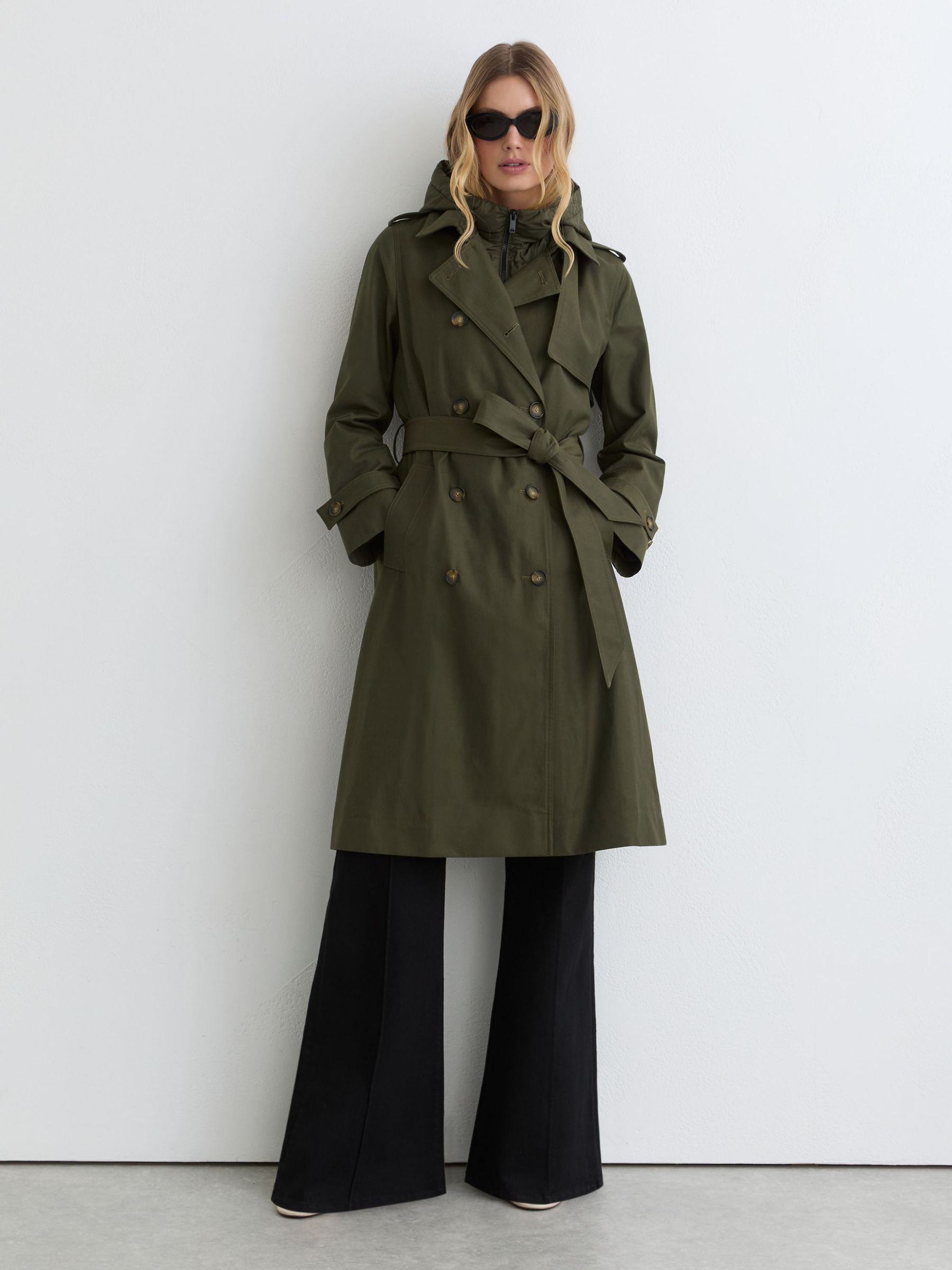 Hooded Insert Trench Coat in Khaki Green - Image 1 of 7