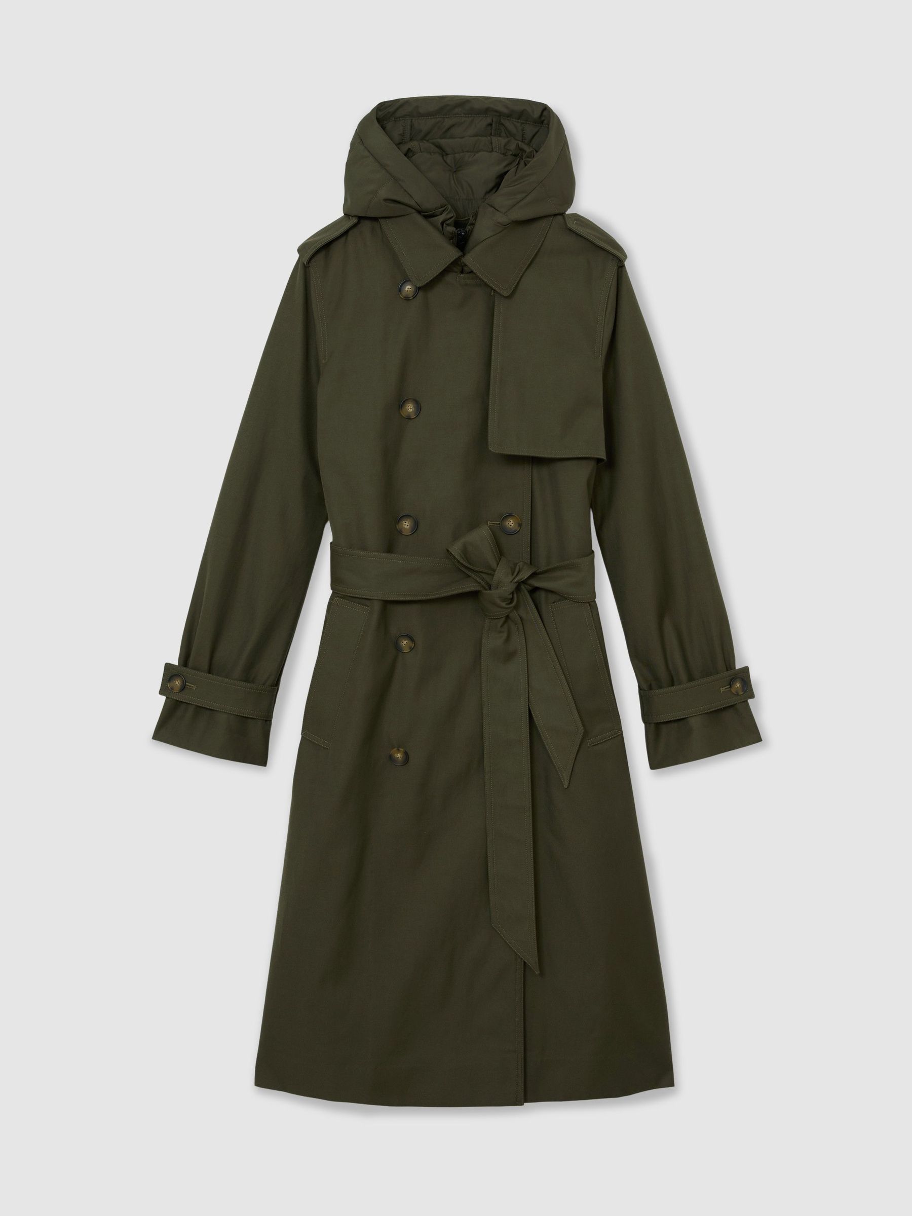 Hooded Insert Trench Coat in Khaki Green - Image 2 of 7
