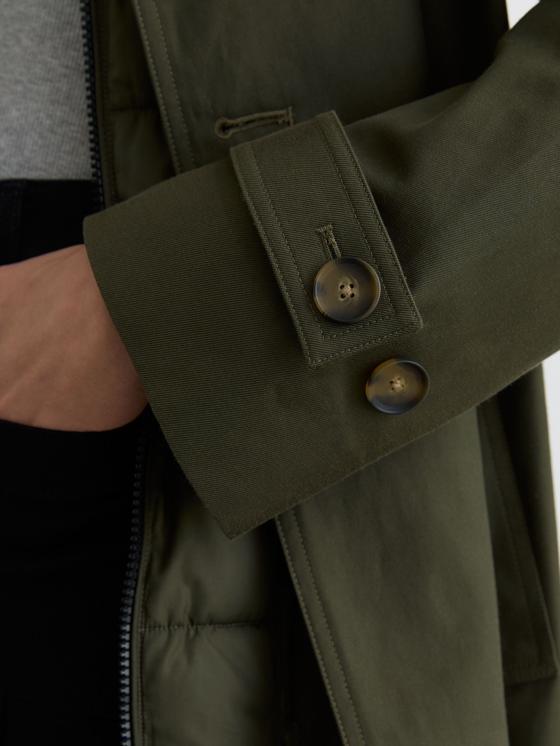 Hooded Insert Trench Coat in Khaki Green - Image 4 of 7
