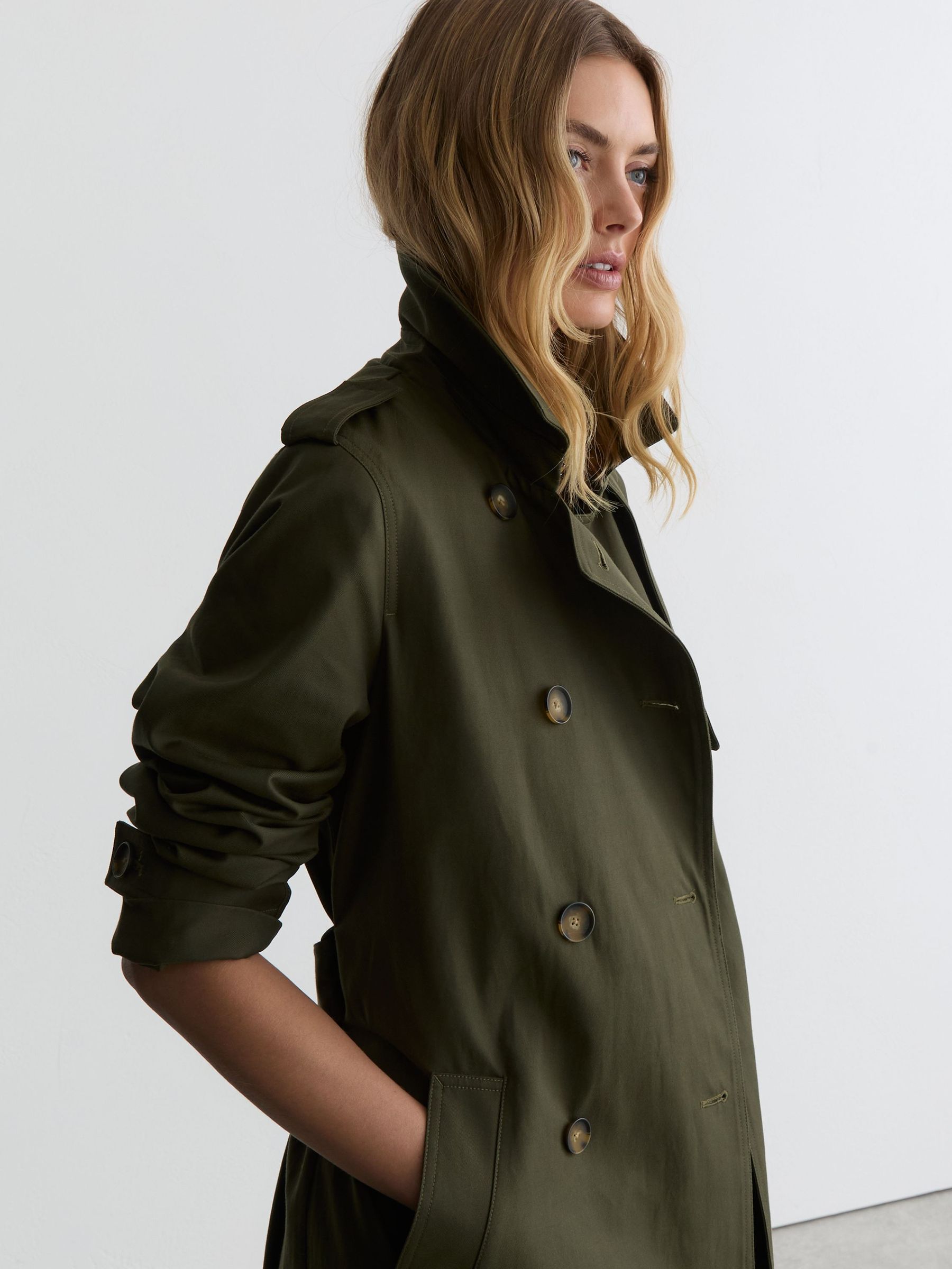 Hooded Insert Trench Coat in Khaki Green - Image 5 of 7