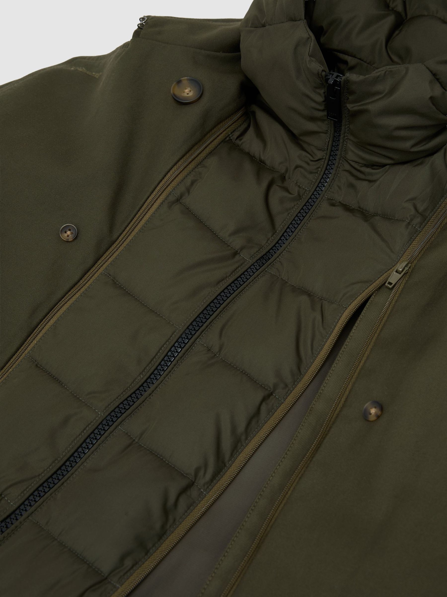 Hooded Insert Trench Coat in Khaki Green - Image 7 of 7