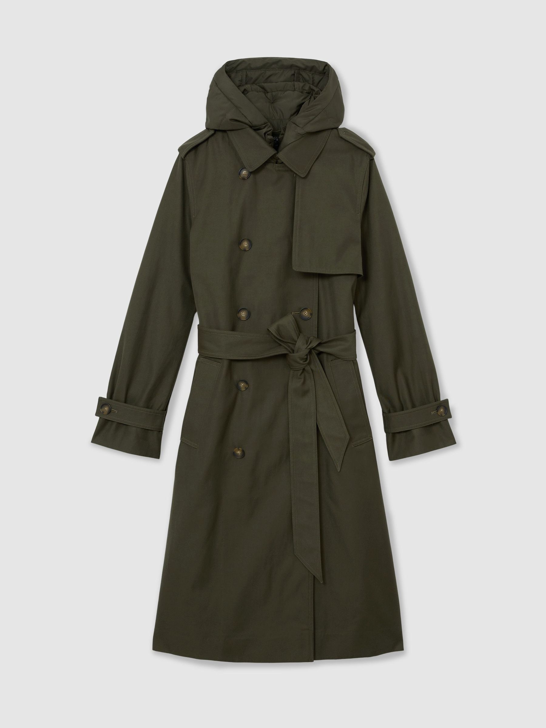 Petite Hooded Insert Trench Coat in Khaki Green - Image 2 of 10