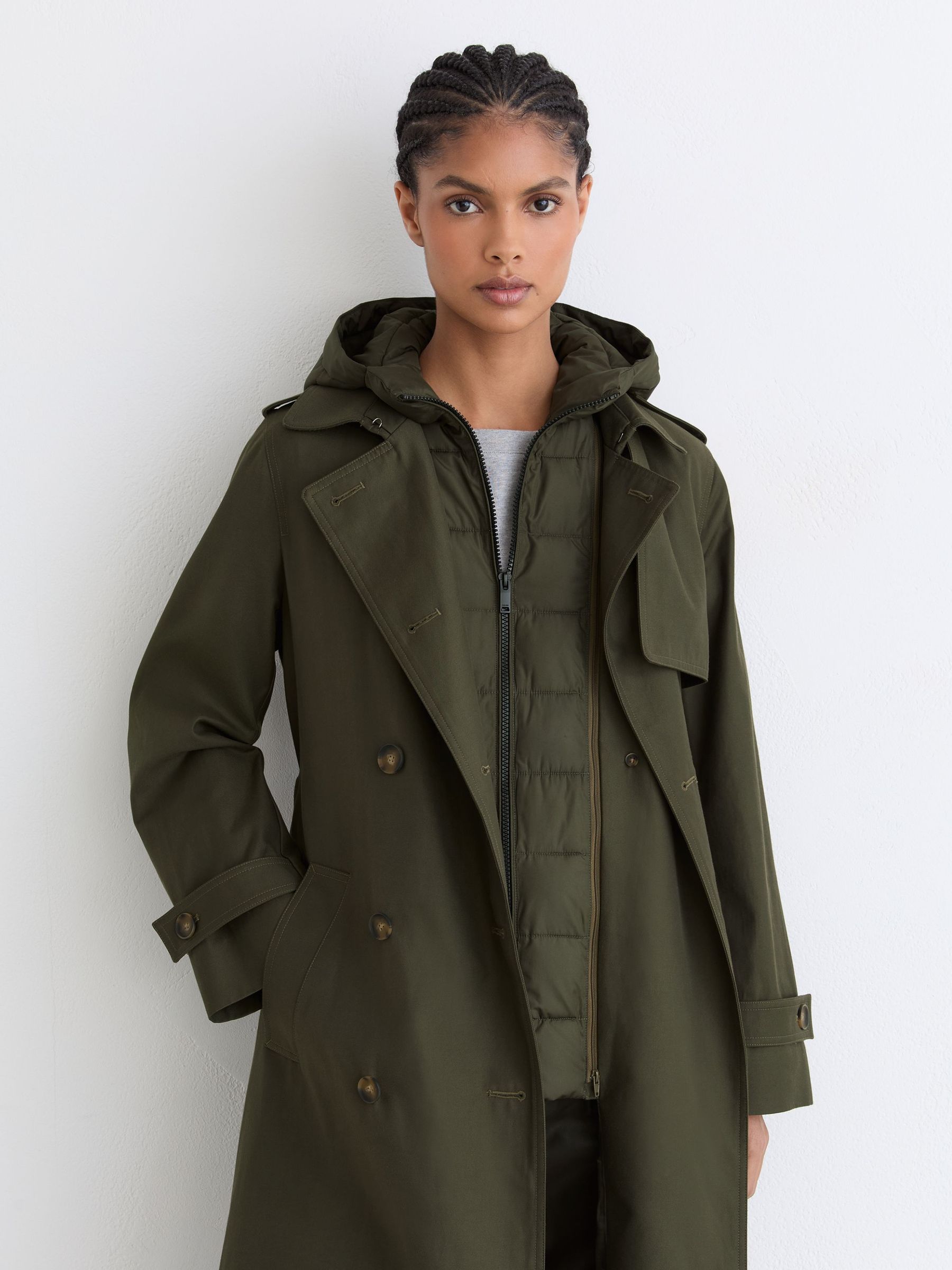 Petite Hooded Insert Trench Coat in Khaki Green - Image 5 of 10