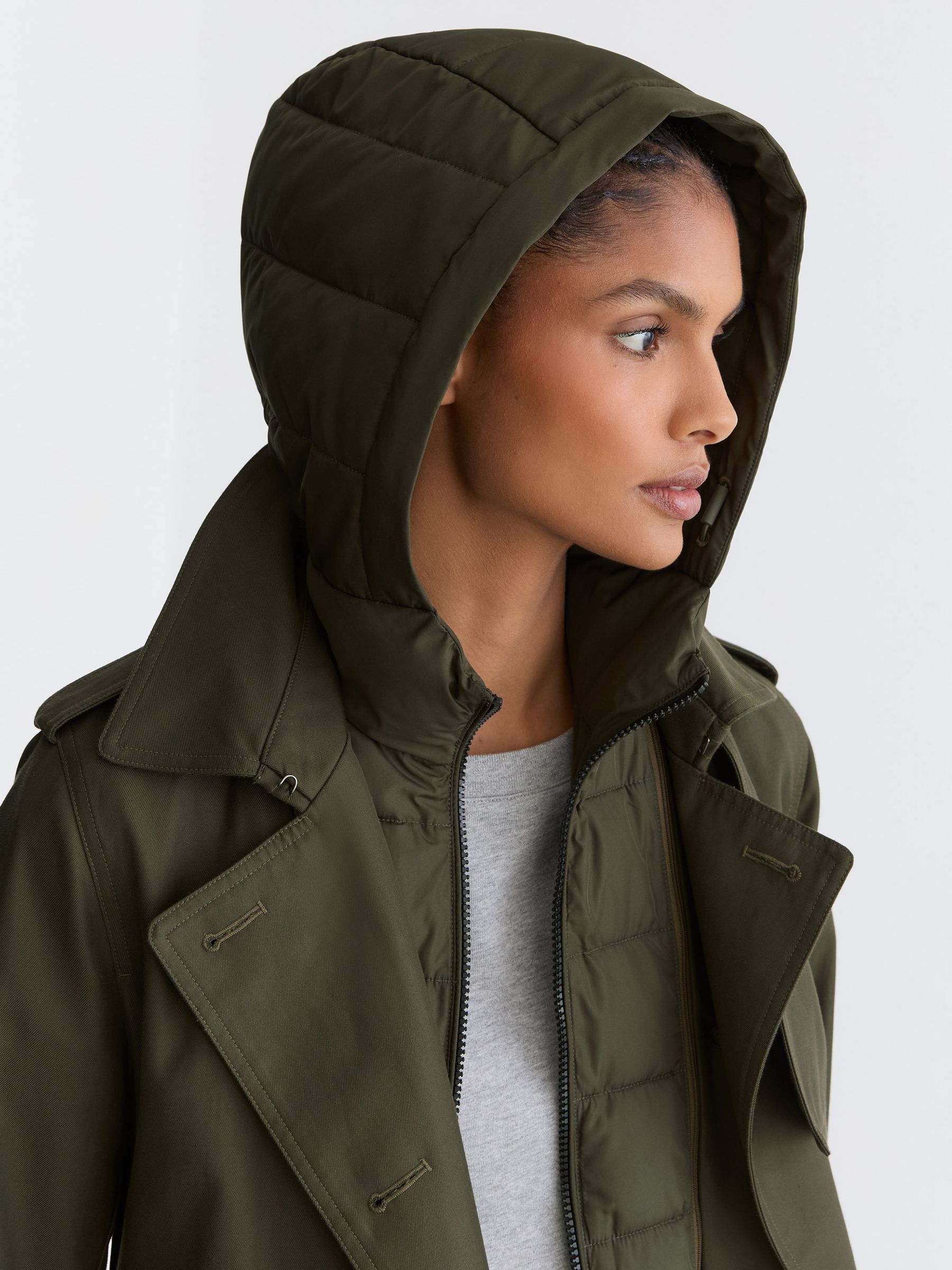 Petite Hooded Insert Trench Coat in Khaki Green - Image 6 of 10