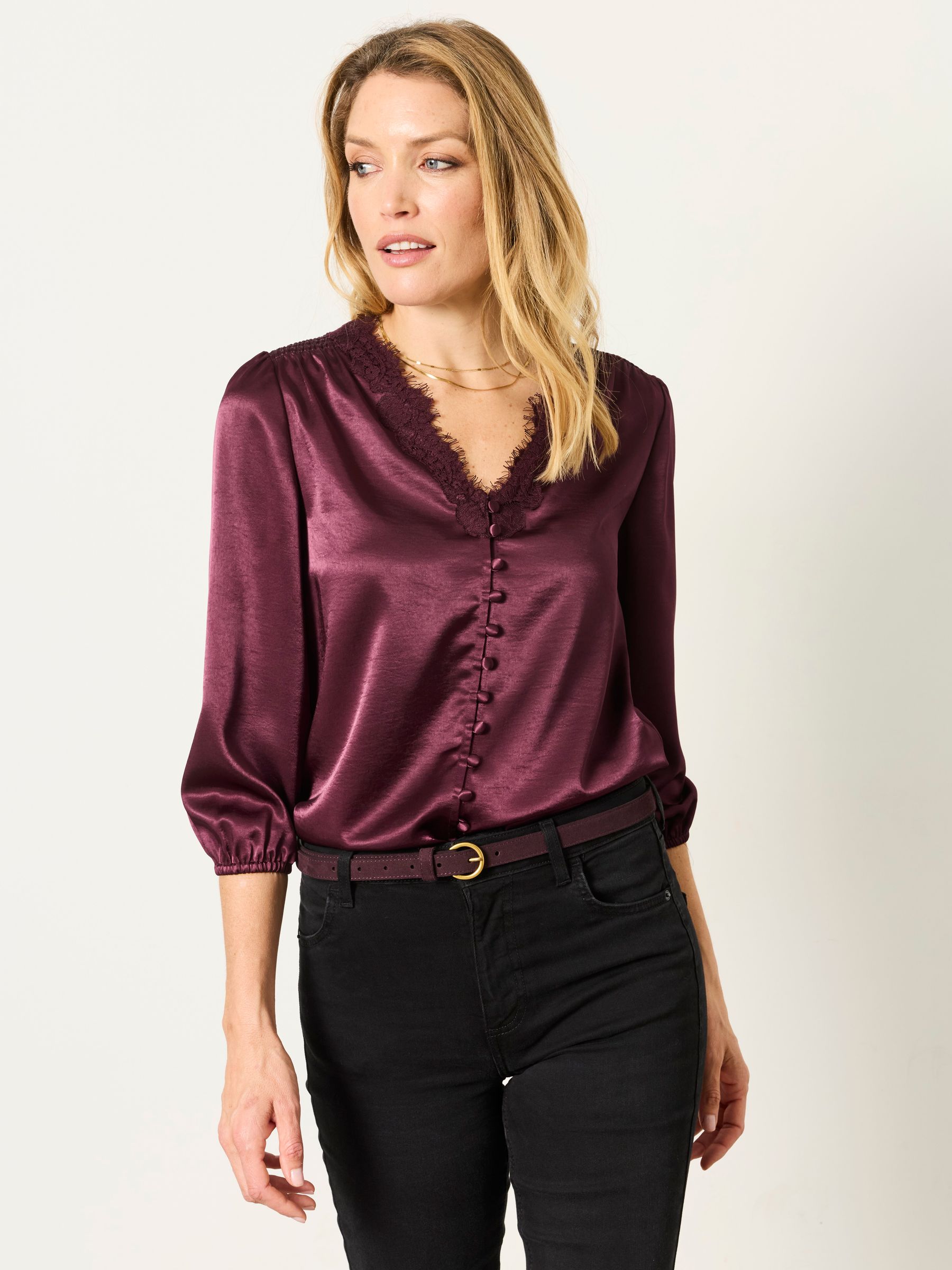 Betty Wine Petite Lace Trim Blouse - Image 1 of 5