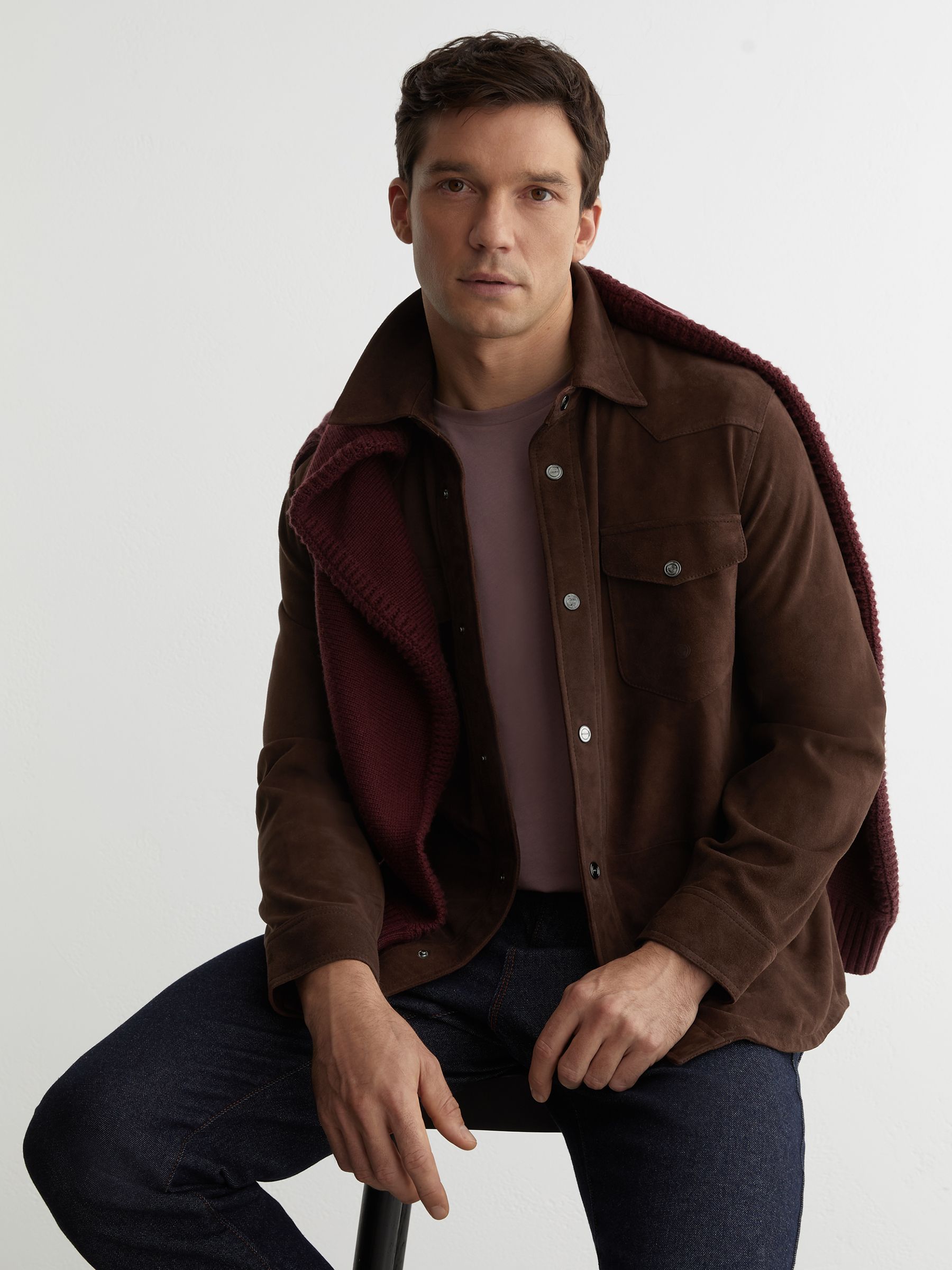 Suede Twin-Pocket Trucker Jacket in Chocolate Brown - image 2