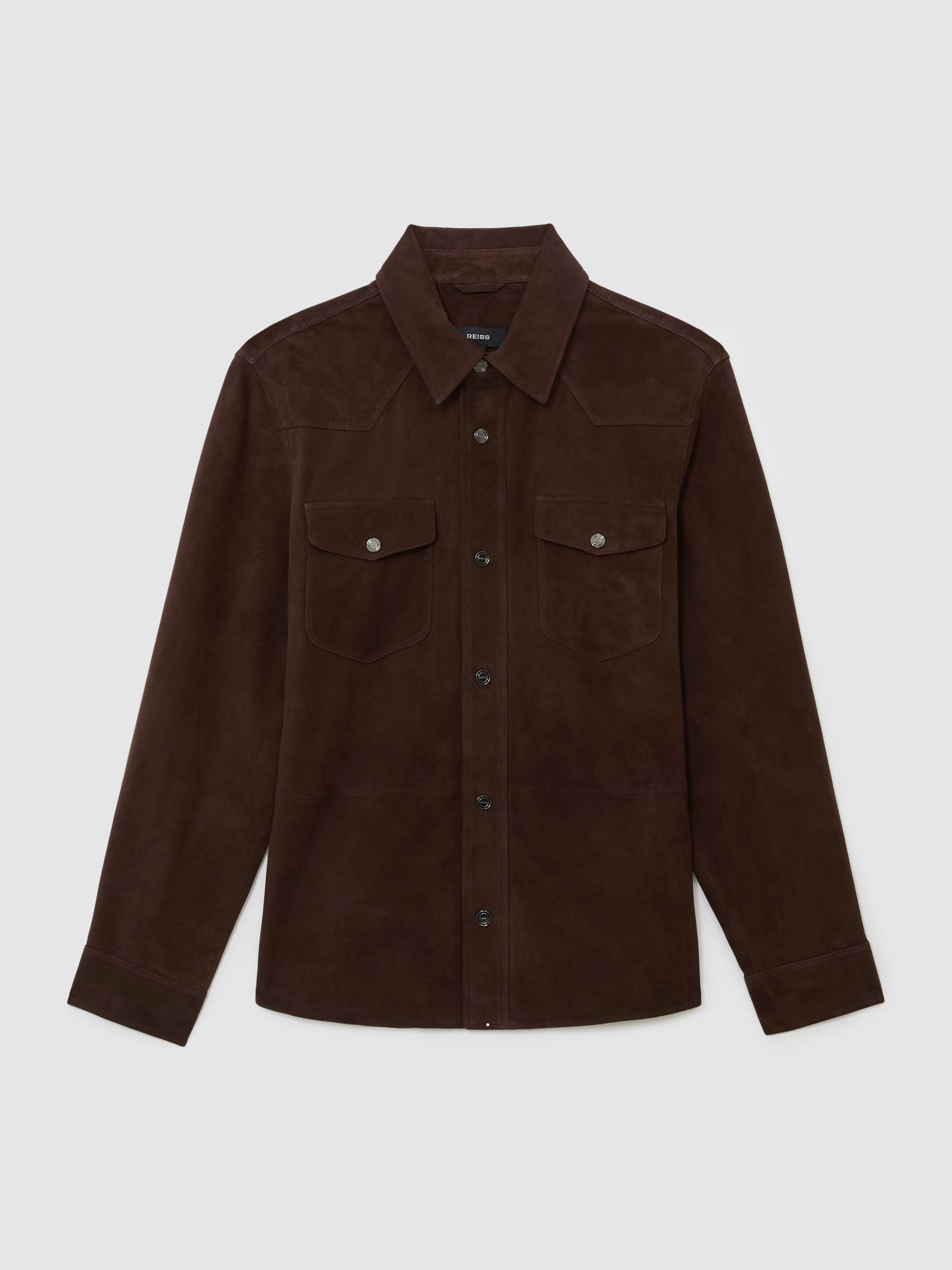 Suede Twin-Pocket Trucker Jacket in Chocolate Brown - Image 2 of 7